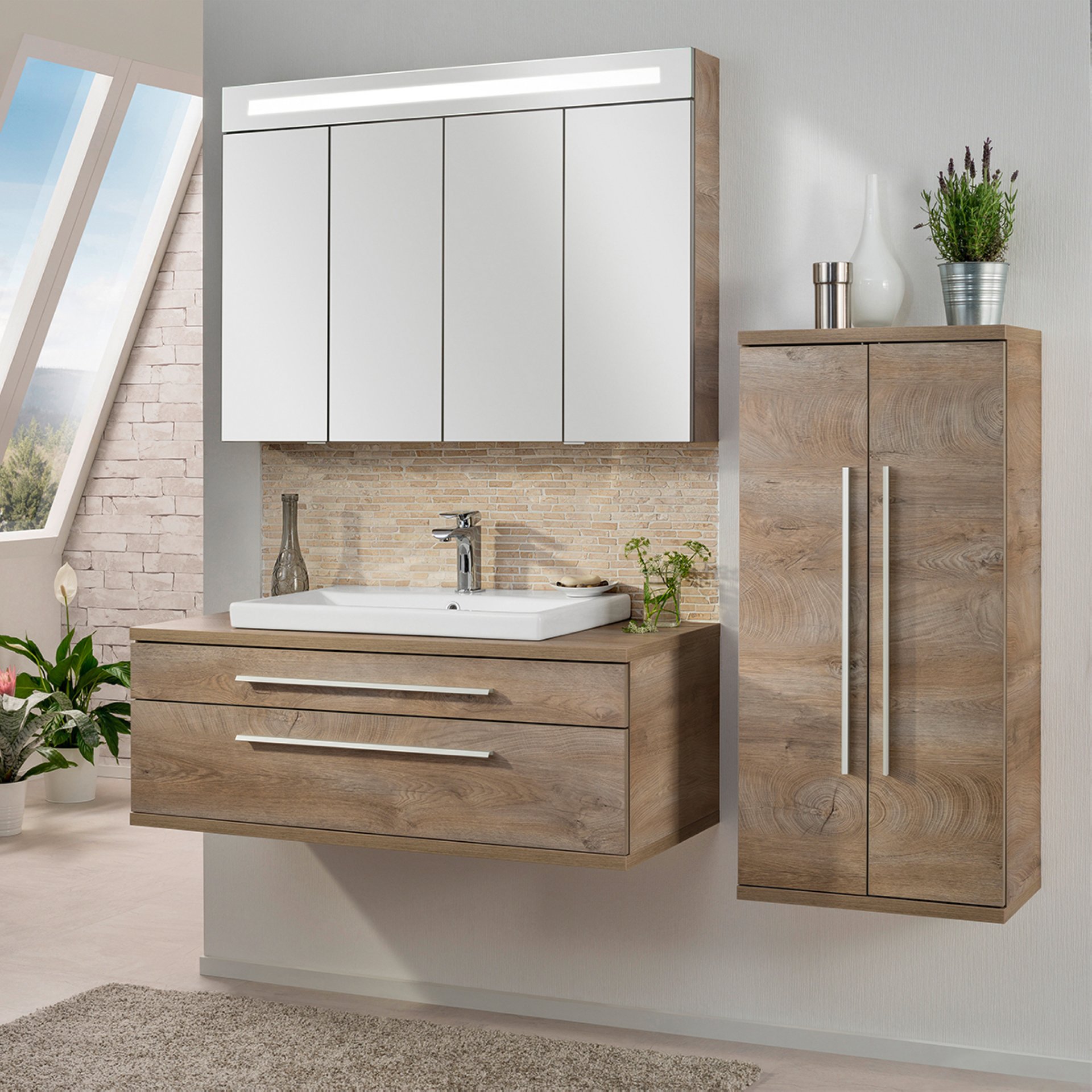 Fackelmann STANFORD Badmöbel Set 4-teilig, 110 cm breit, Braun, Keramik+Spiegelschrank+Midischrank