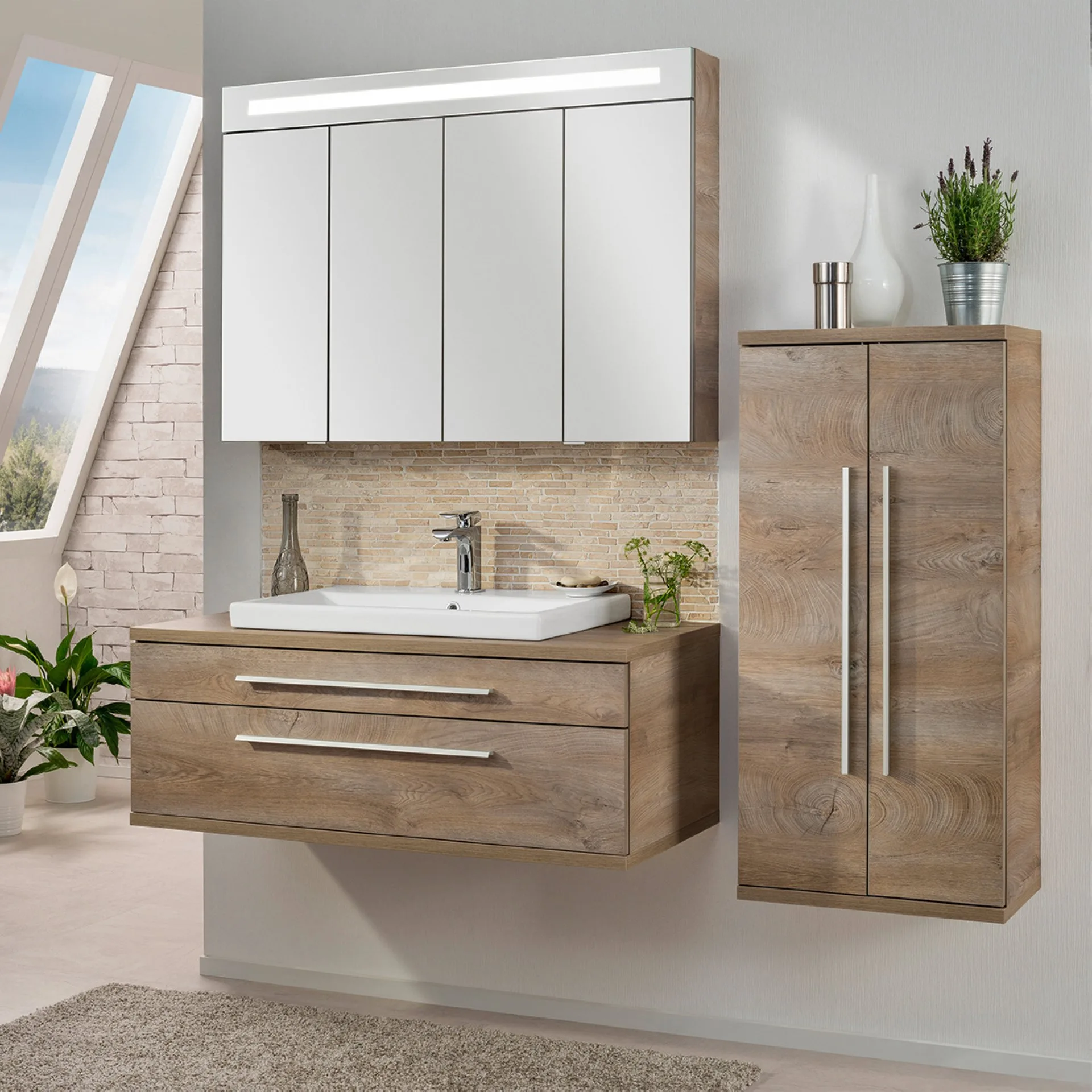 Fackelmann STANFORD Badmöbel Set 4-teilig, 110 cm breit, Braun, Keramik+Spiegelschrank+Midischrank