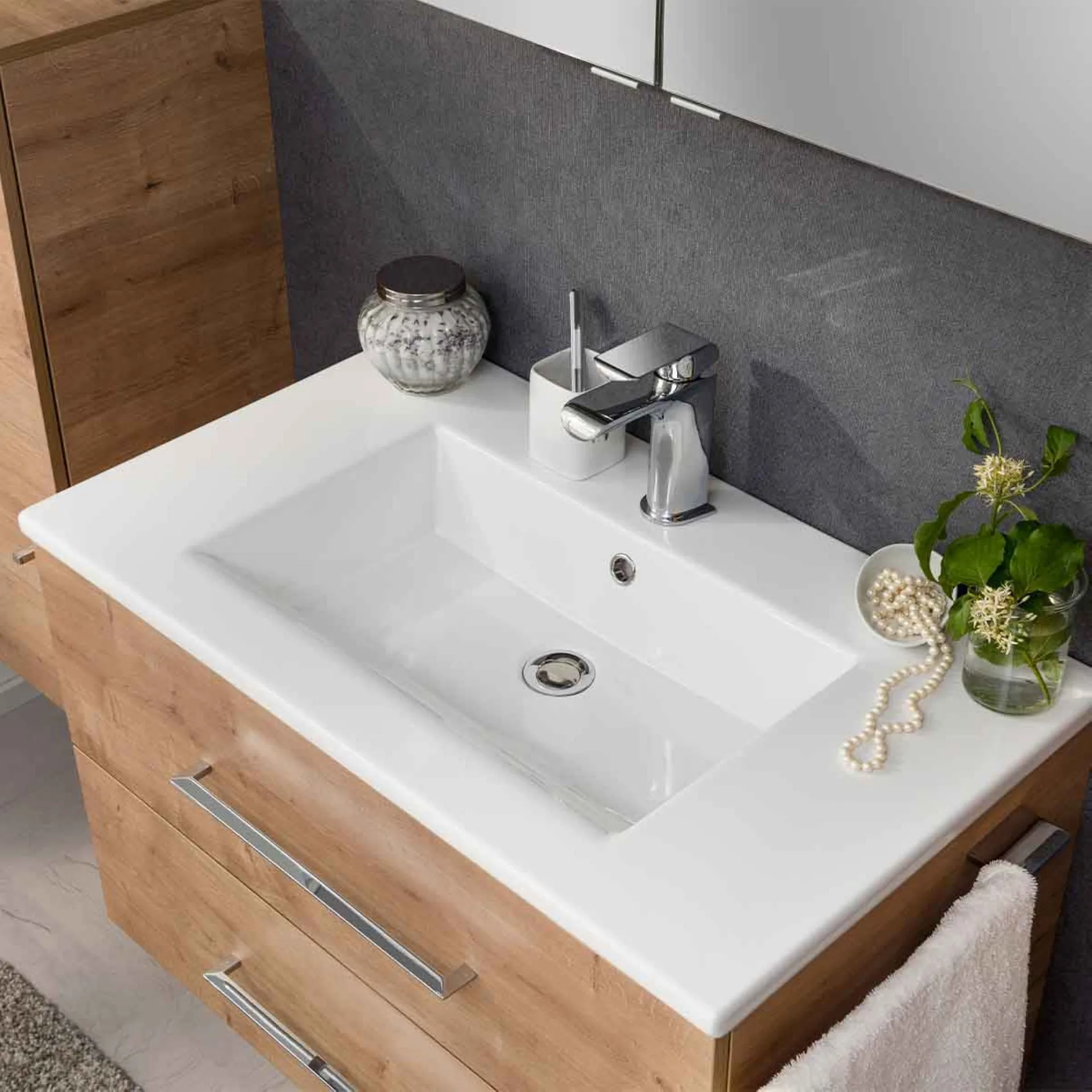 FACKELMANN B.PERFEKT Waschbecken mit Unterschrank 82 cm breit, Braun hell, Waschbecken Keramik Weiß
