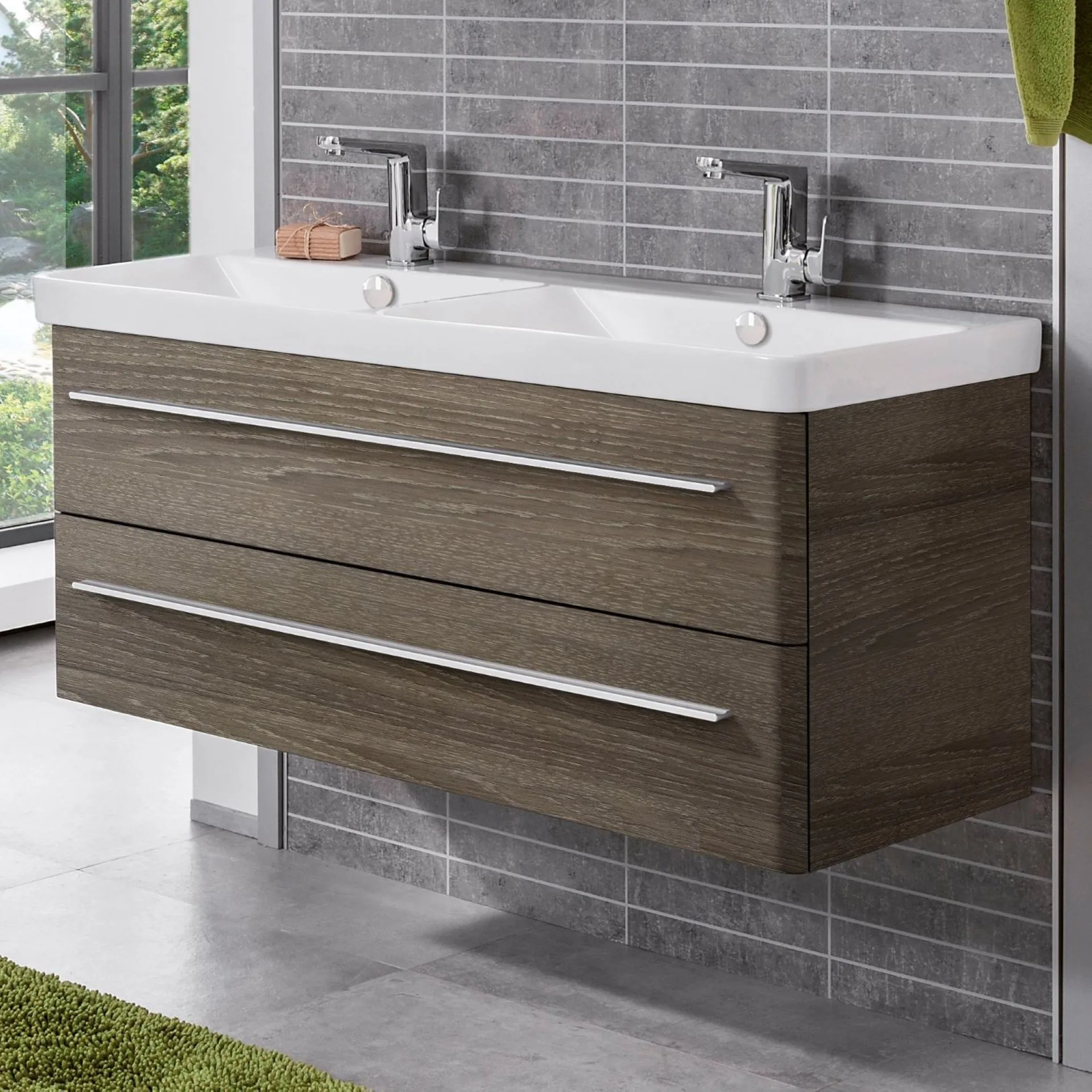 LANZET K8 Waschbecken mit Unterschrank 120 cm breit, Braun dunkel, Doppelwaschbecken Keramik Weiß