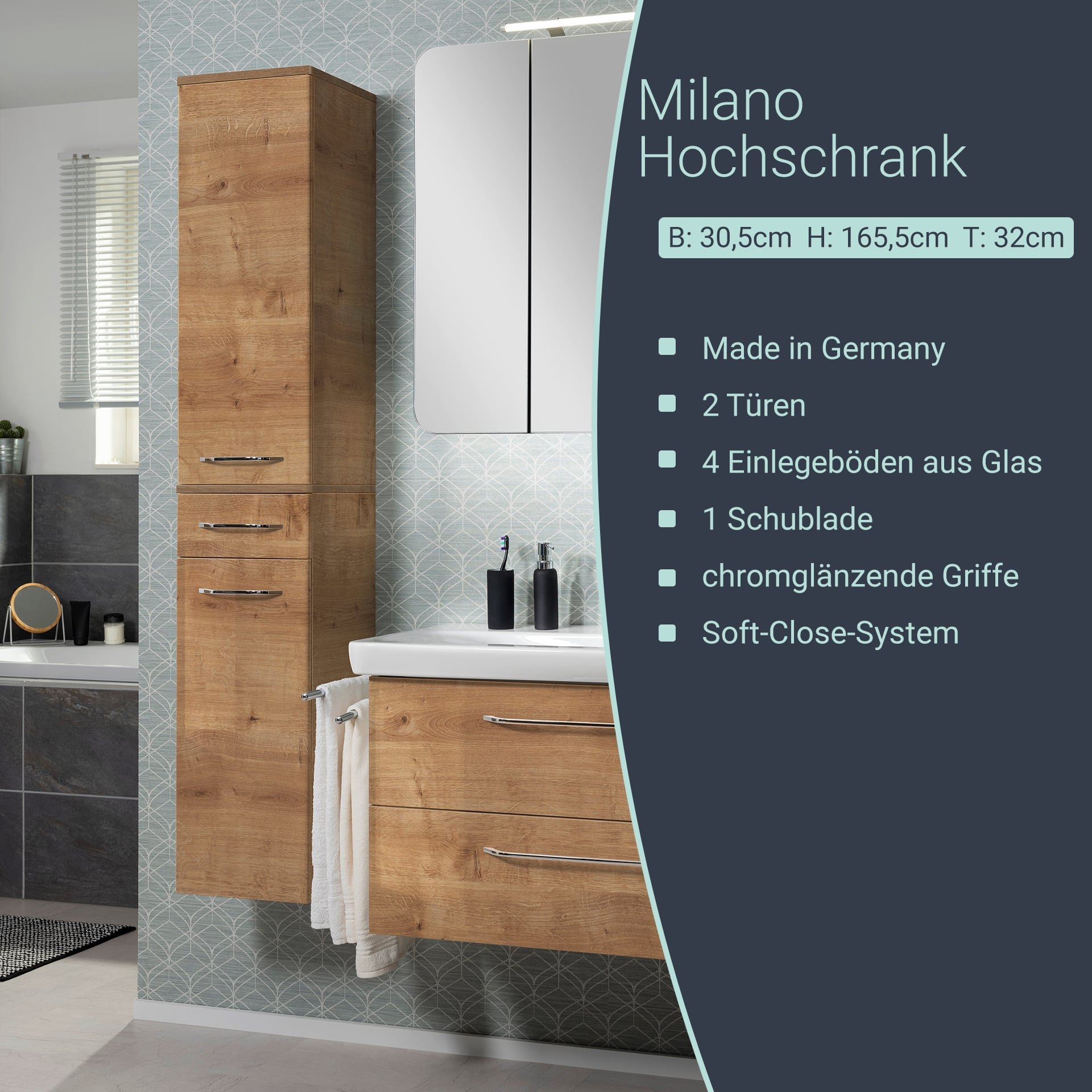 FACKELMANN MILANO Hochschrank mit Schublade 30 cm breit + Doppel Midischrank 60 cm breit, Braun hell