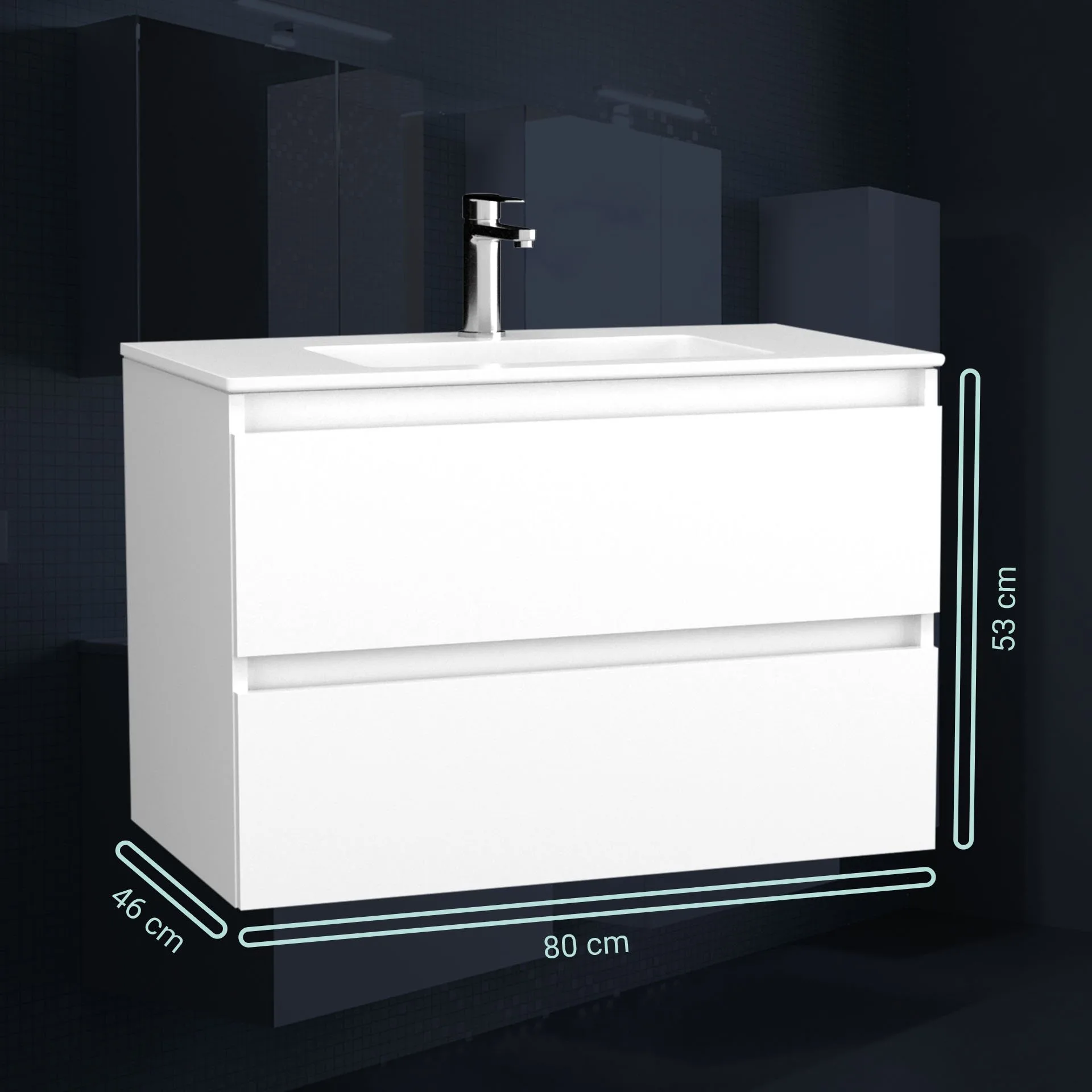 BADEDU GERS Waschbecken mit Unterschrank 80 cm breit, Weiß, Waschbecken Keramik Weiß
