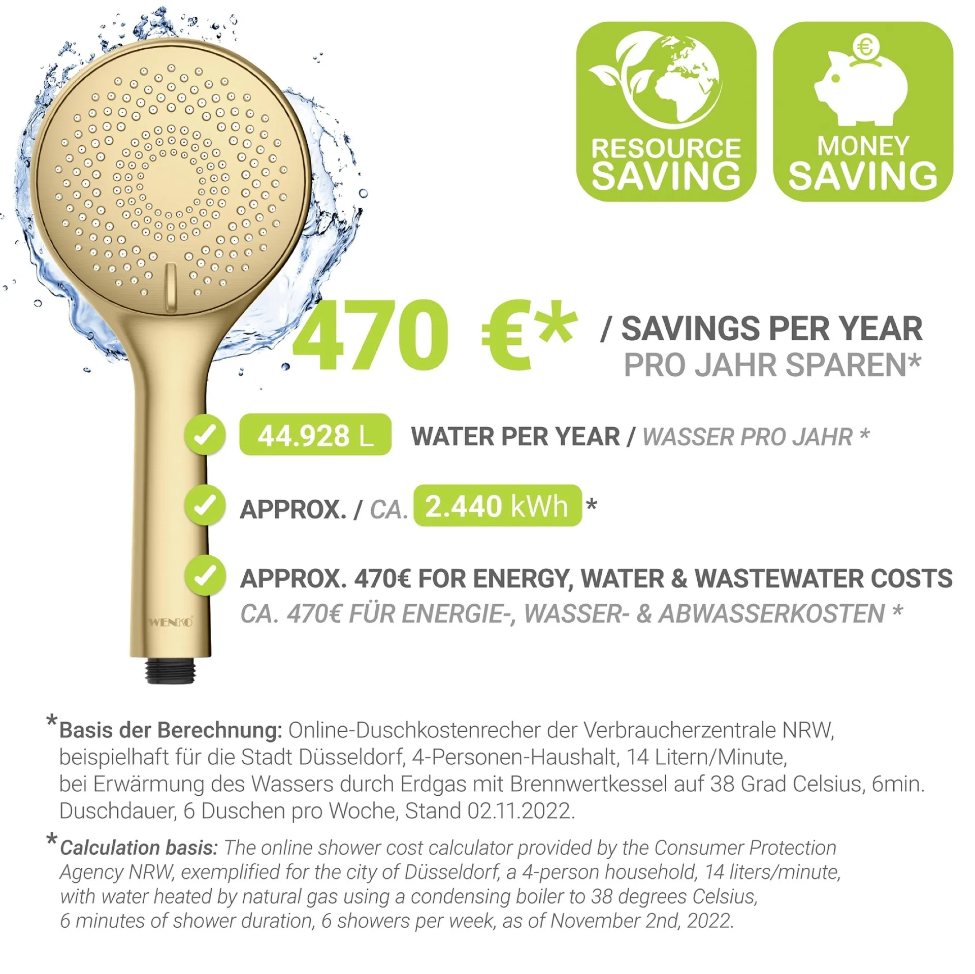 WENKO Duschkopf Ø 11 cm, Gold, mit Wassersparsystem, 3 verschiedene Wasserstrahlarten