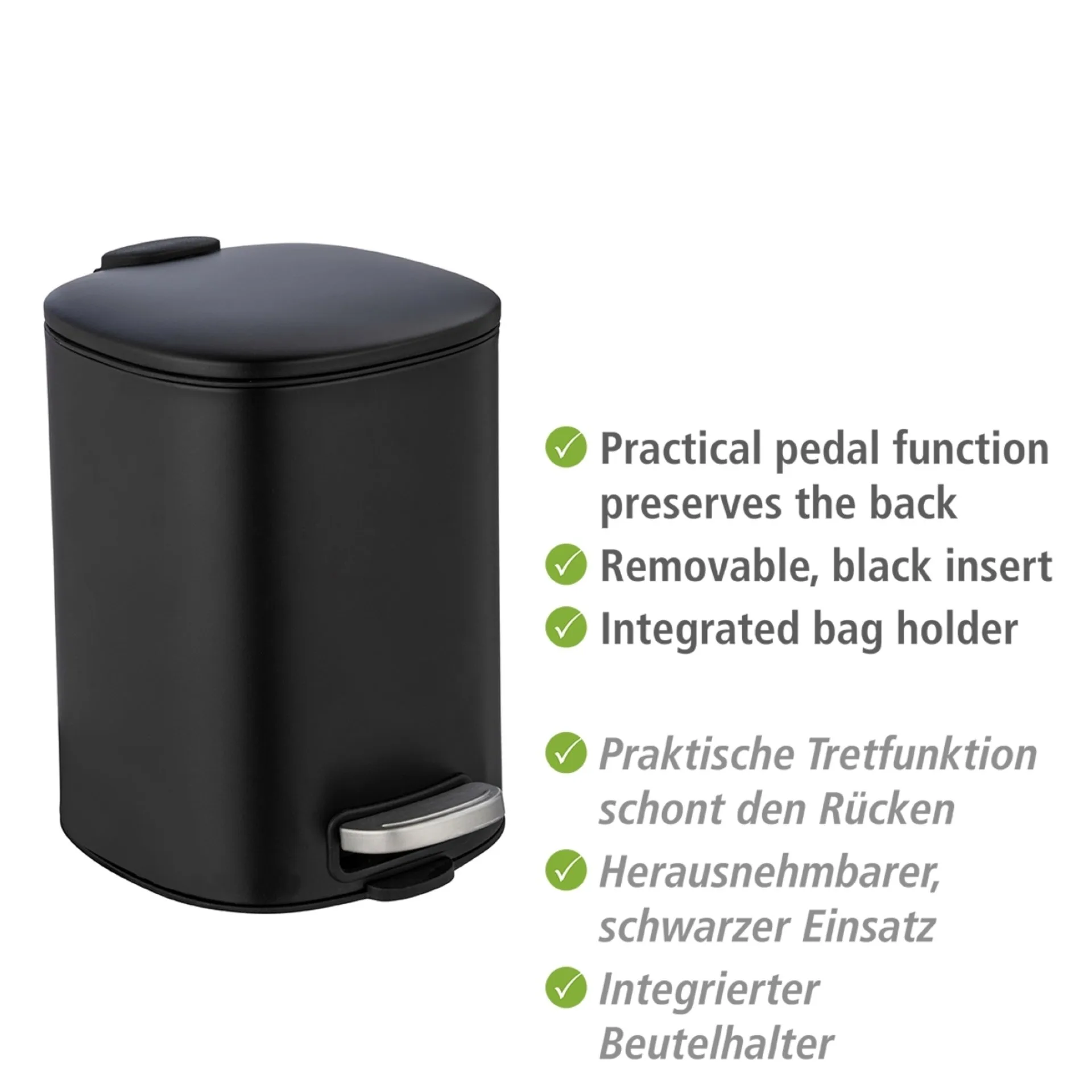 WENKO ALASSIO Kosmetikeimer 5 Liter, Schwarz, Edelstahl, mit Absenkautomatik