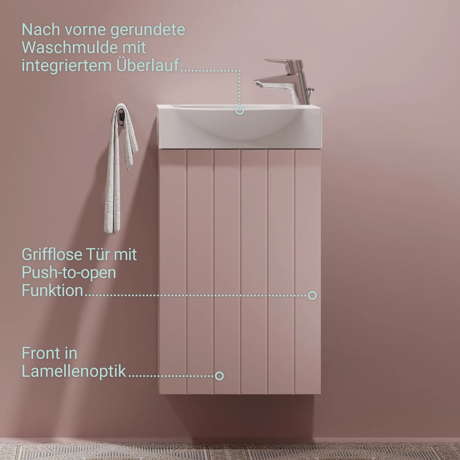 BADEDU IMPERO Gäste WC Waschtisch Set  40 cm breit, Rosa, Waschbecken Keramik Weiß