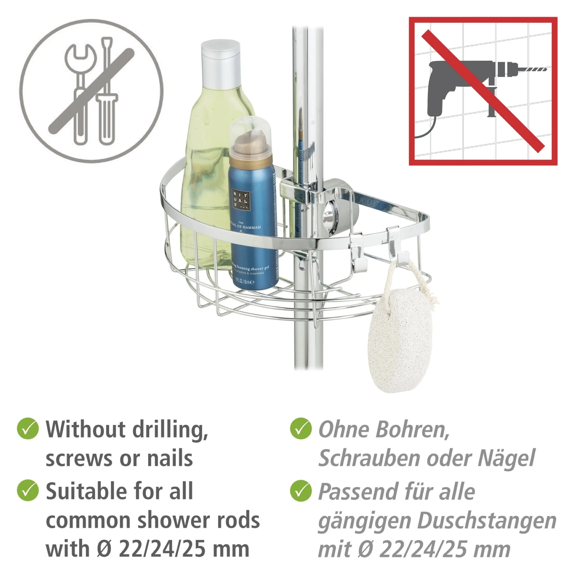 WENKO FLORESTA Duschablage, Chrom, Rund, Befestigen ohne Bohren