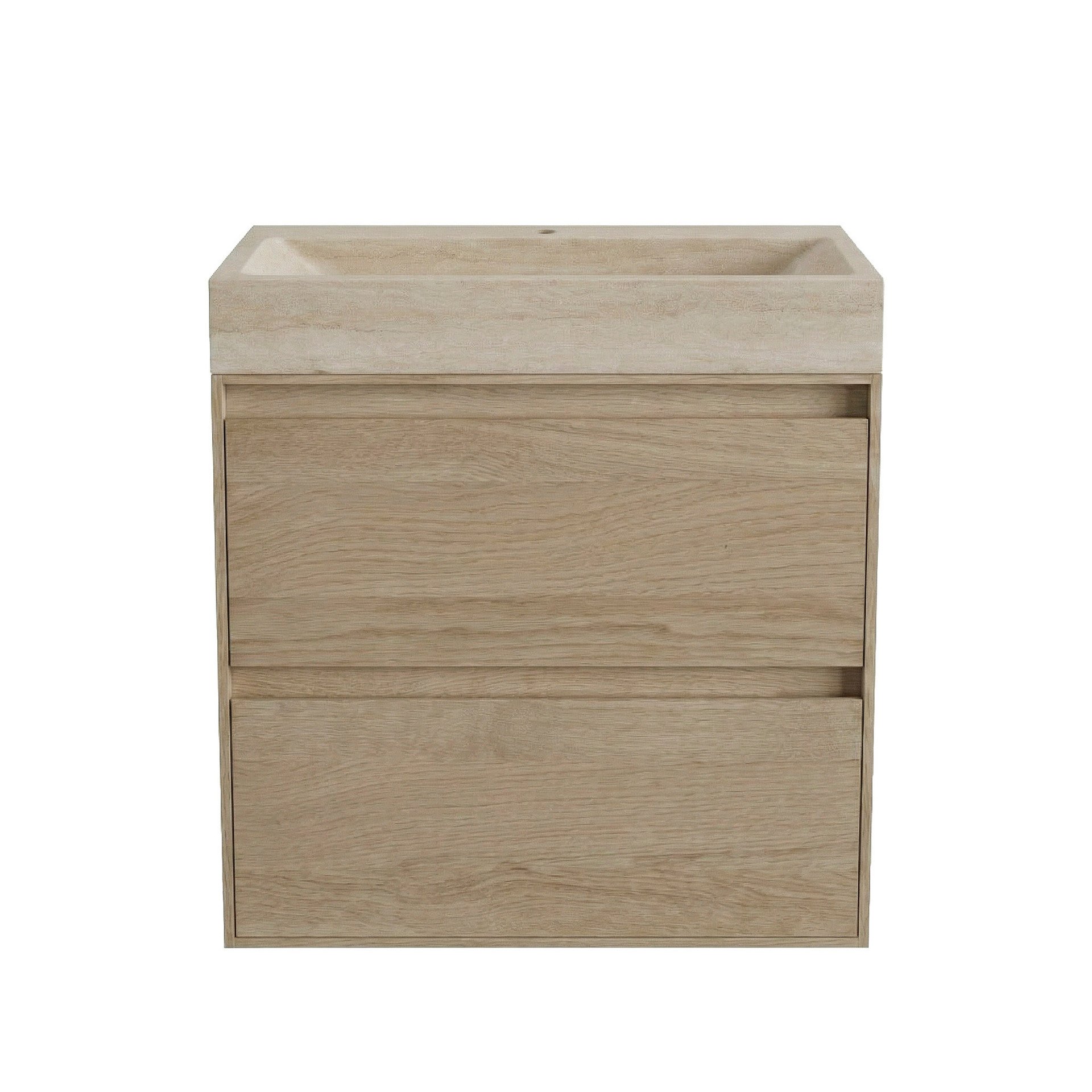 FORZALAQUA IBIZA BELLEZZA Waschbecken mit Unterschrank 80 cm breit, Braun hell, Natursteinwaschbecken Travertin matt mit Hahnloch, 2 Schubladen