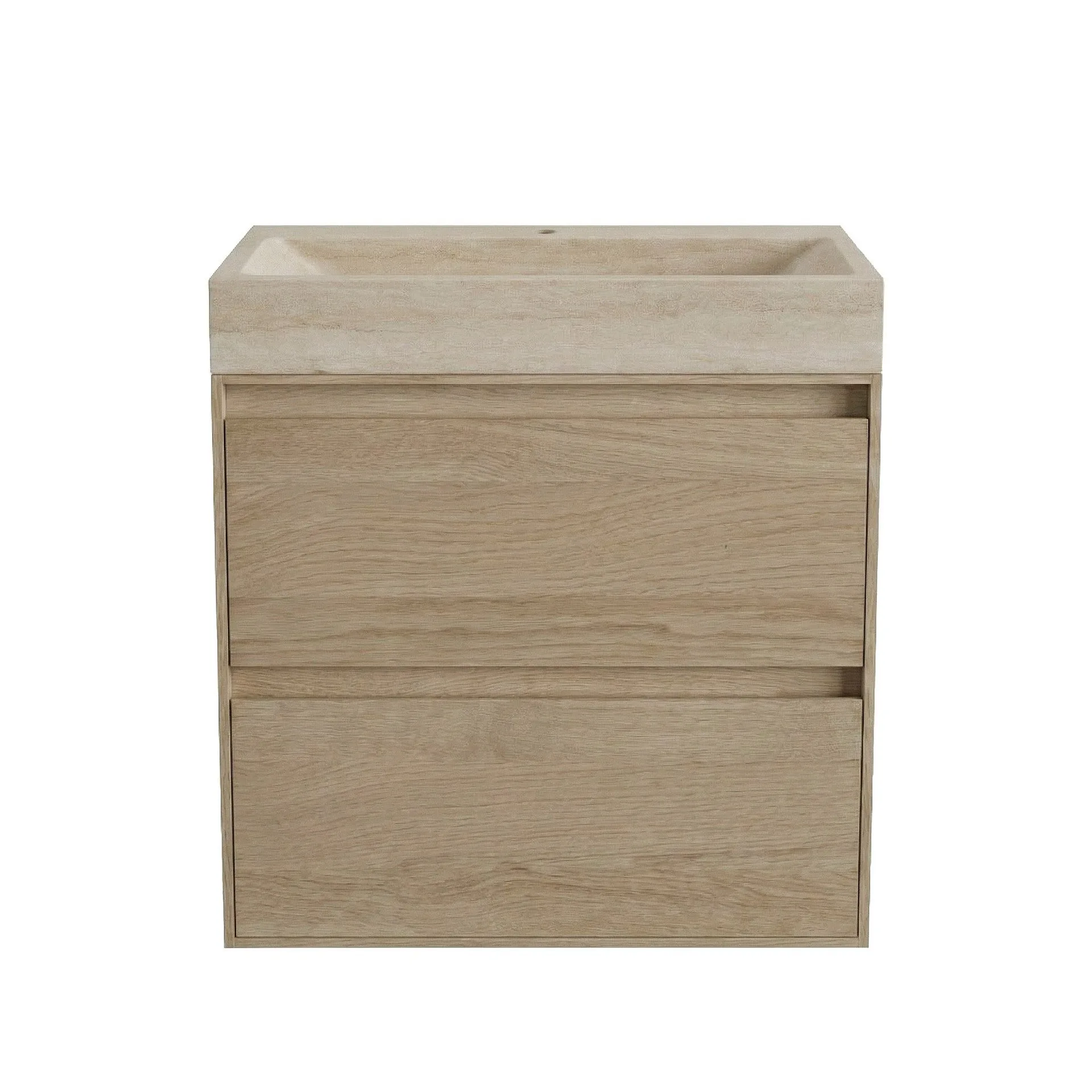 FORZALAQUA IBIZA BELLEZZA Waschbecken mit Unterschrank 80 cm breit, Braun hell, Natursteinwaschbecken Travertin matt mit Hahnloch, 2 Schubladen