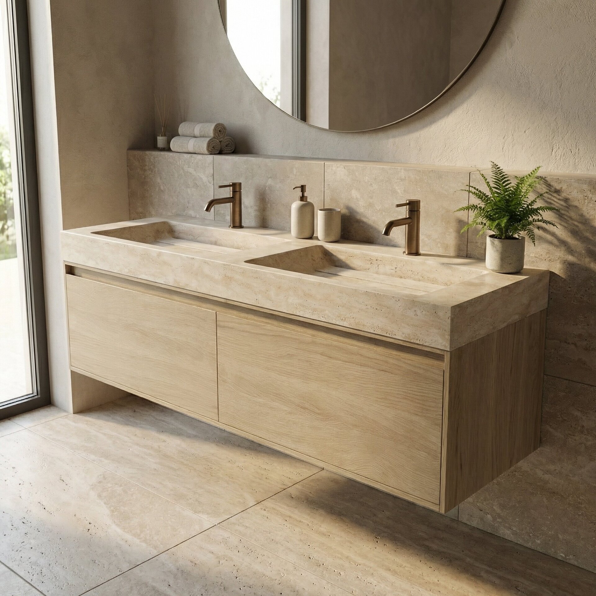 FORZALAQUA IBIZA BELLEZZA Waschbecken mit Unterschrank 140 cm breit, Braun hell, Doppelwaschbecken Naturstein Travertin matt mit zwei Hahnlöchern, 2 Schubladen