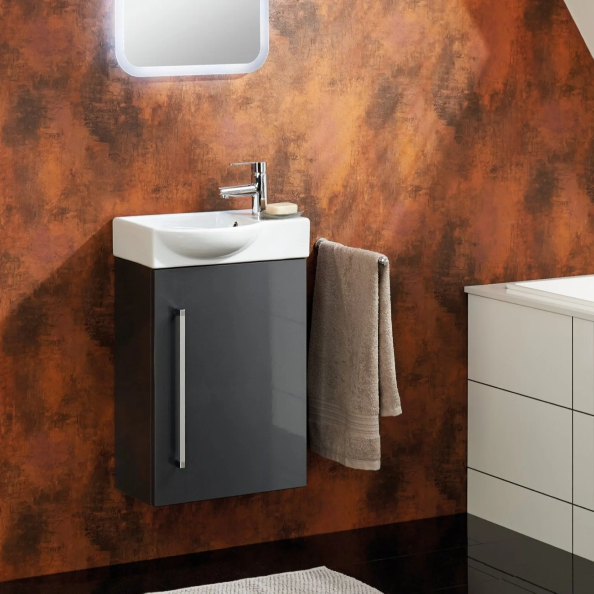 LANZET K3 Waschbeckenunterschrank Gäste WC 44 cm breit, Anthrazit, Türanschlag links