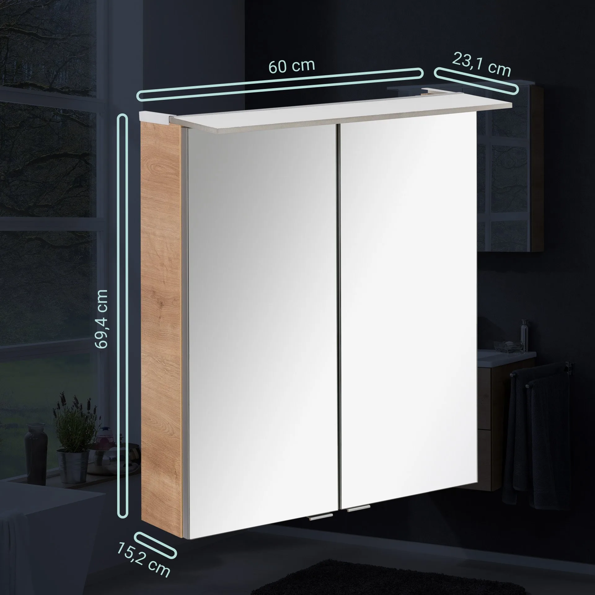 Fackelmann B.PERFEKT LED Spiegelschrank 60 cm breit, Braun hell