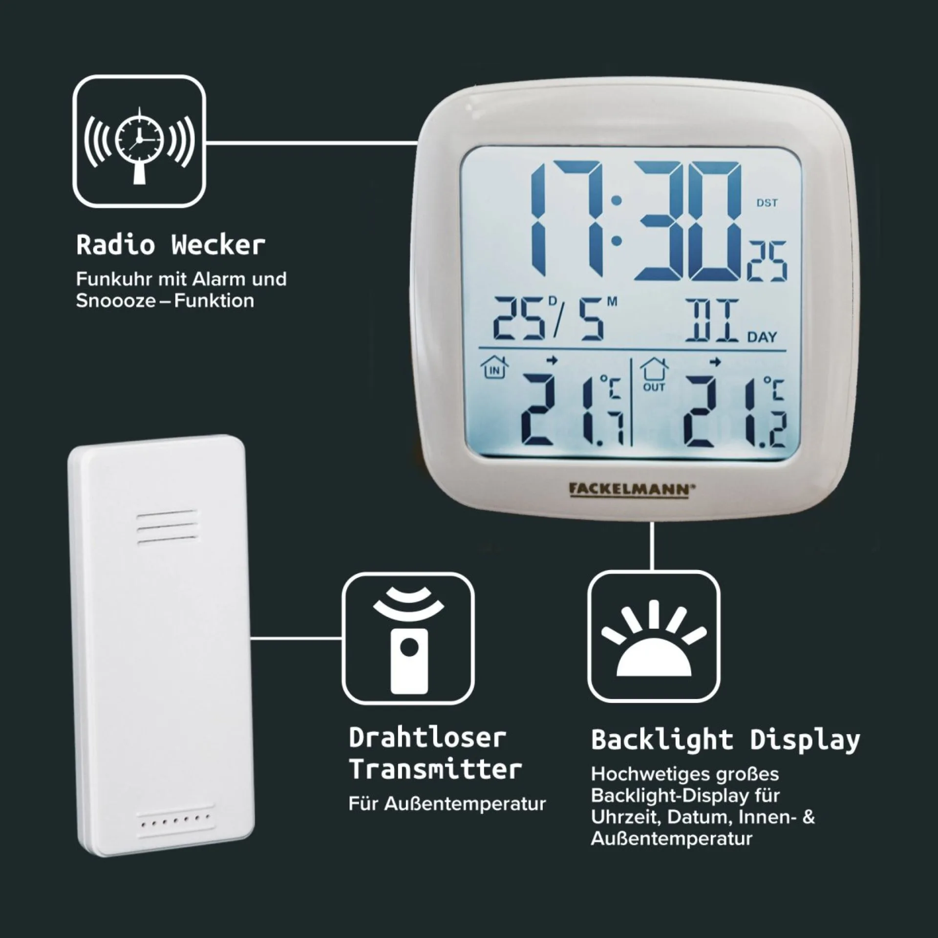 FACKELMANN Digital Thermometer 9 cm breit, Weiß + Funkuhr Box