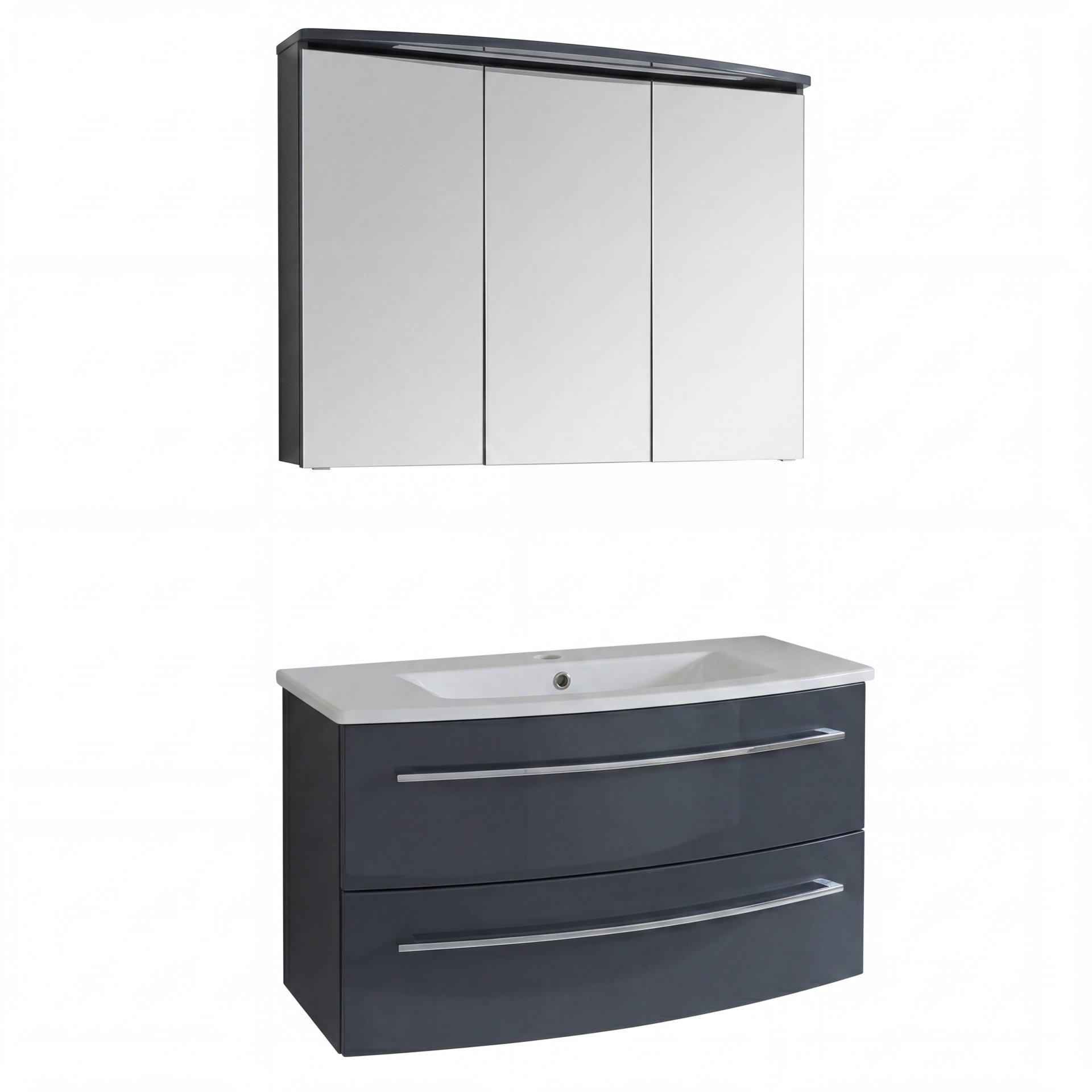 LANZET IMPULSO Waschtisch Set mit Spiegelschrank 90 cm breit, Anthrazit, Waschbecken Keramik Weiß