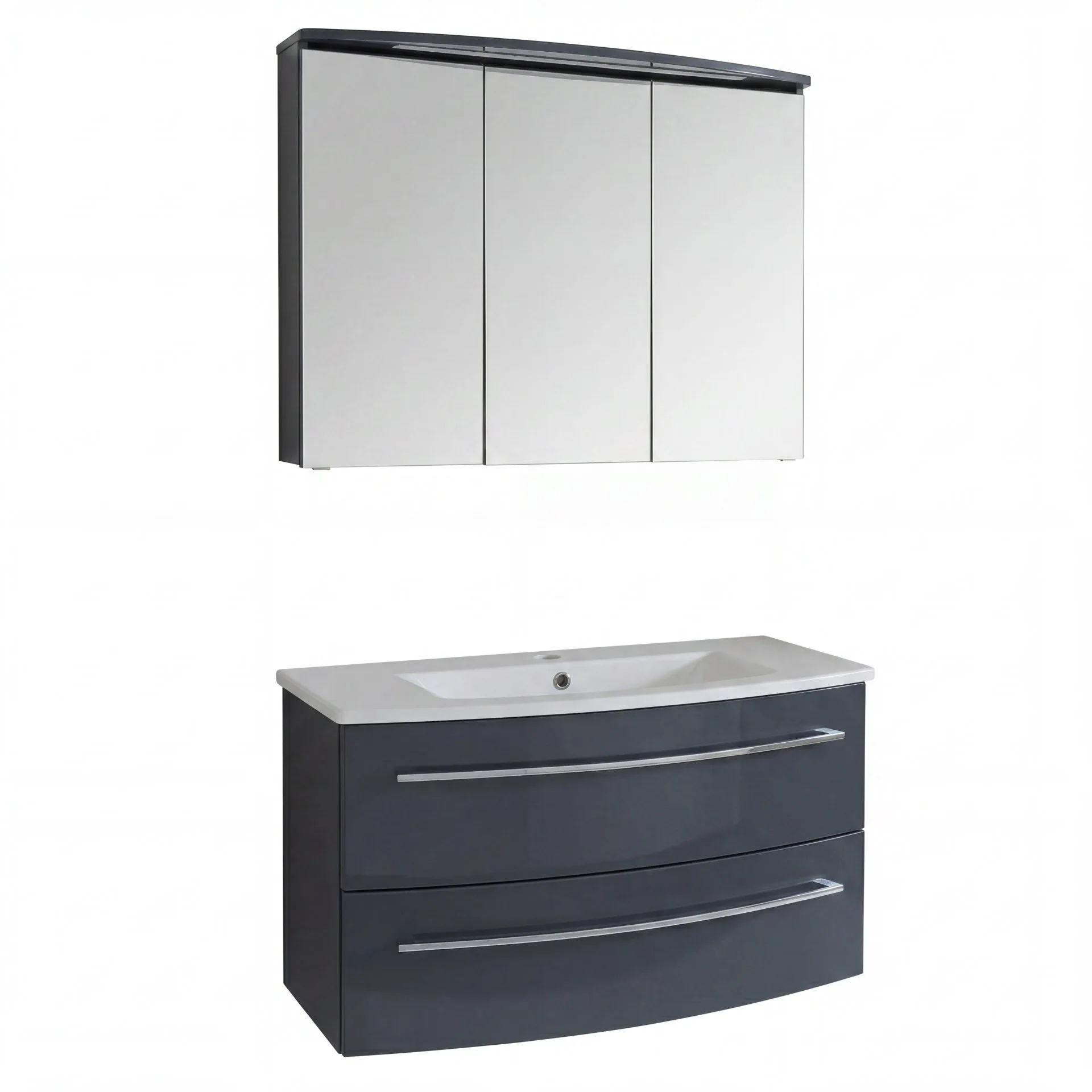 LANZET IMPULSO Waschtisch Set mit Spiegelschrank 90 cm breit, Anthrazit, Waschbecken Keramik Weiß