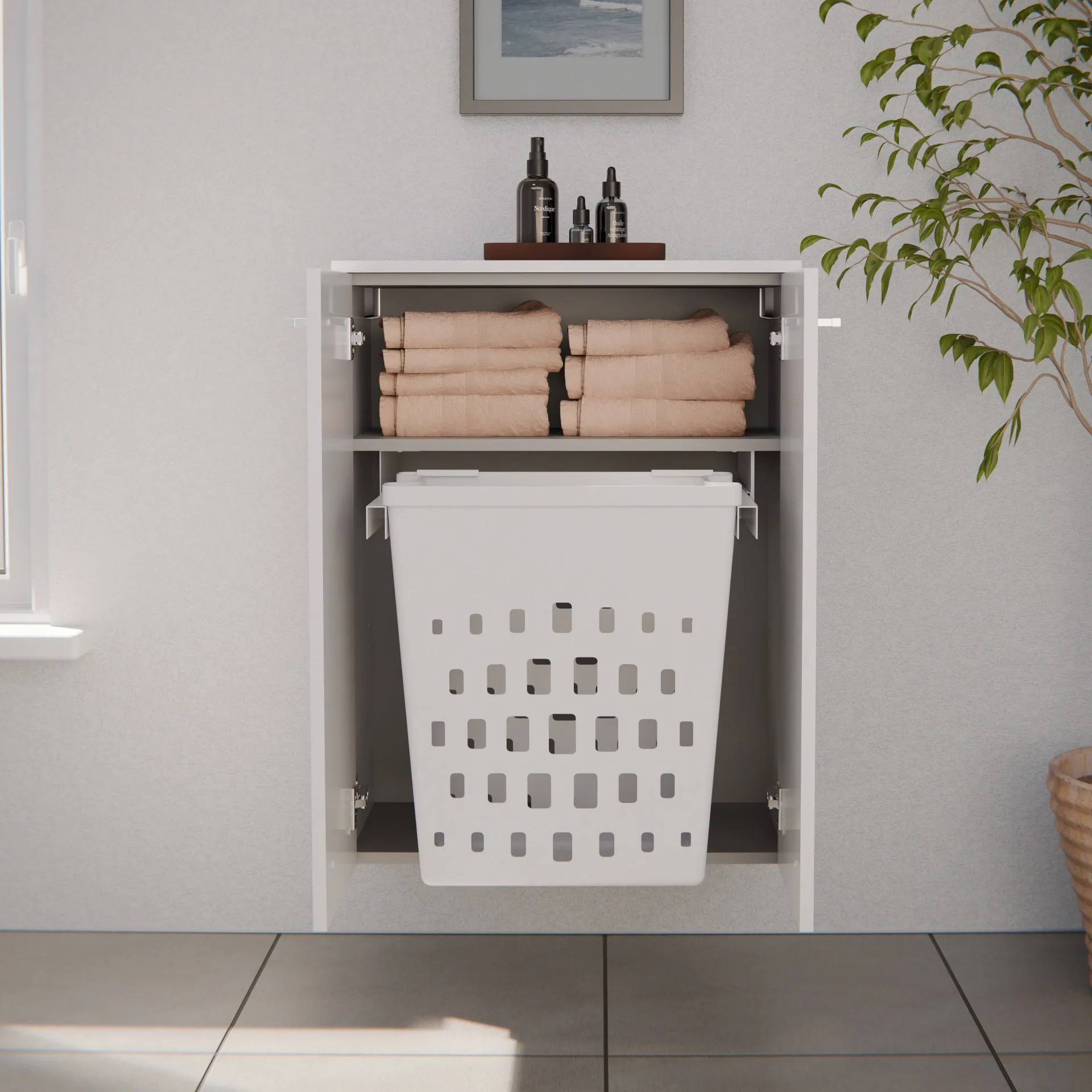 FACKELMANN VERONA Doppel Midischrank 60 cm breit, Weiß Hochglanz, mit Wäschekorb