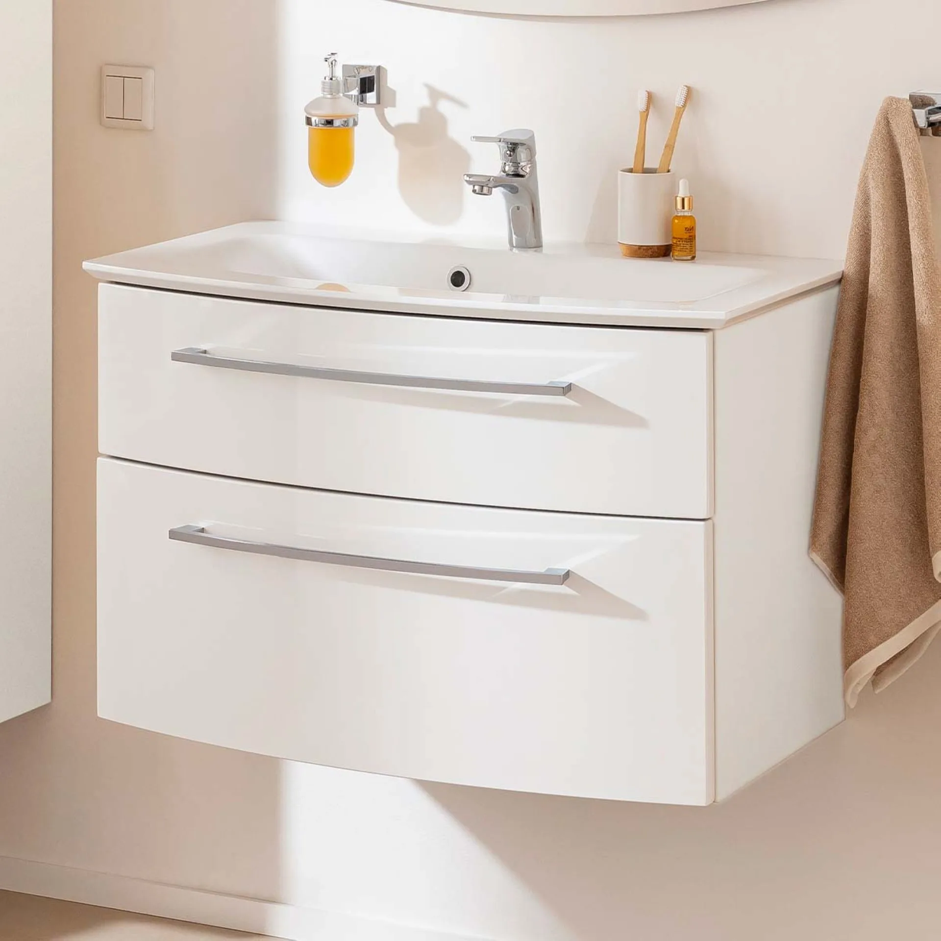 FACKELMANN B.STYLE Waschbecken mit Unterschrank 83 cm breit, Weiß, Waschbecken Gussmarmor Weiß
