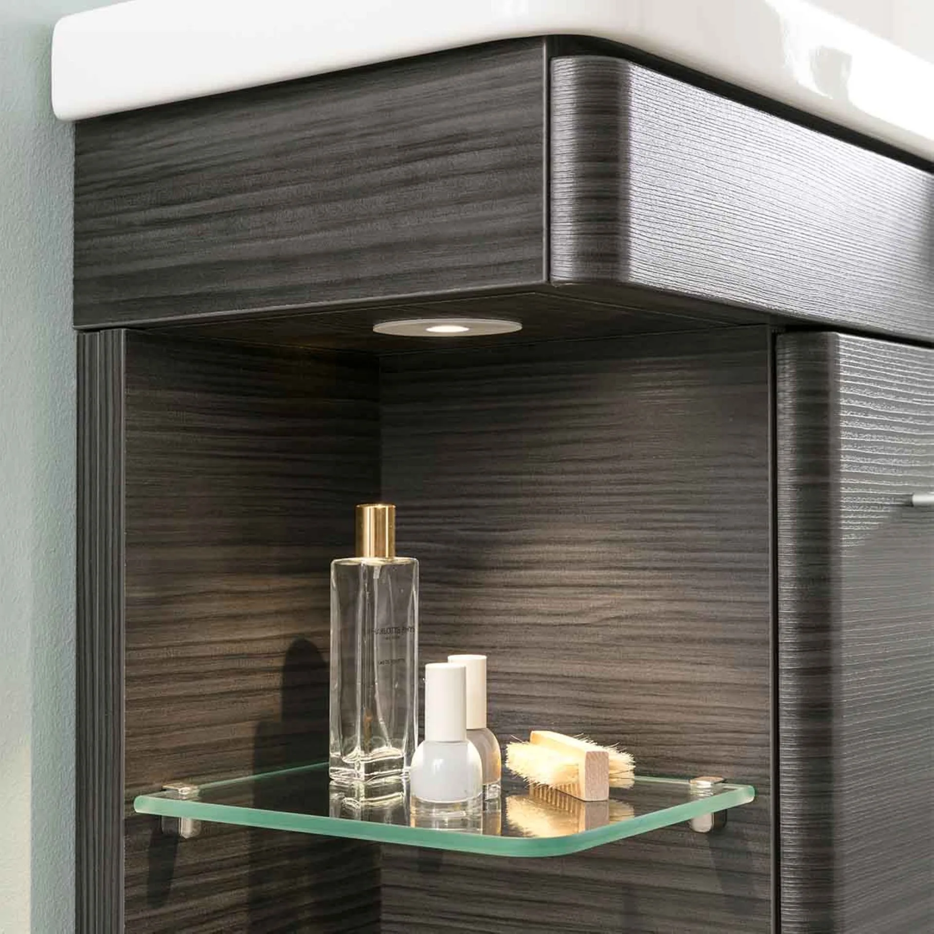 LANZET K8 Gäste WC Waschtisch Set 60 cm breit, Anthrazit Holzoptik, Waschbecken Keramik Weiß, Türanschlag rechts