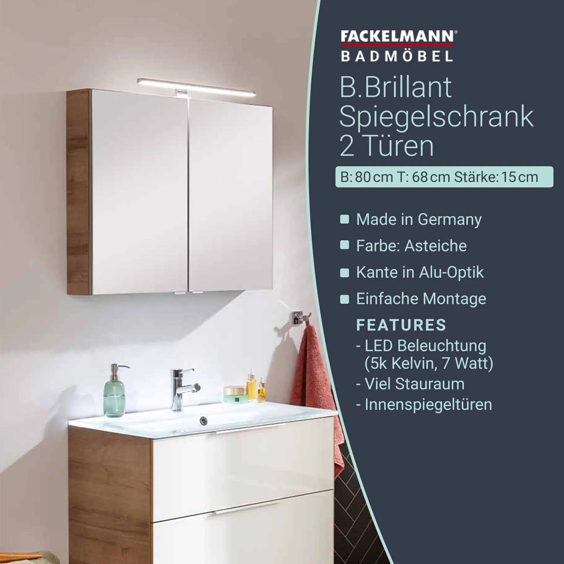 FACKELMANN B.BRILLANT LED Spiegelschrank, 80 cm breit, Braun hell