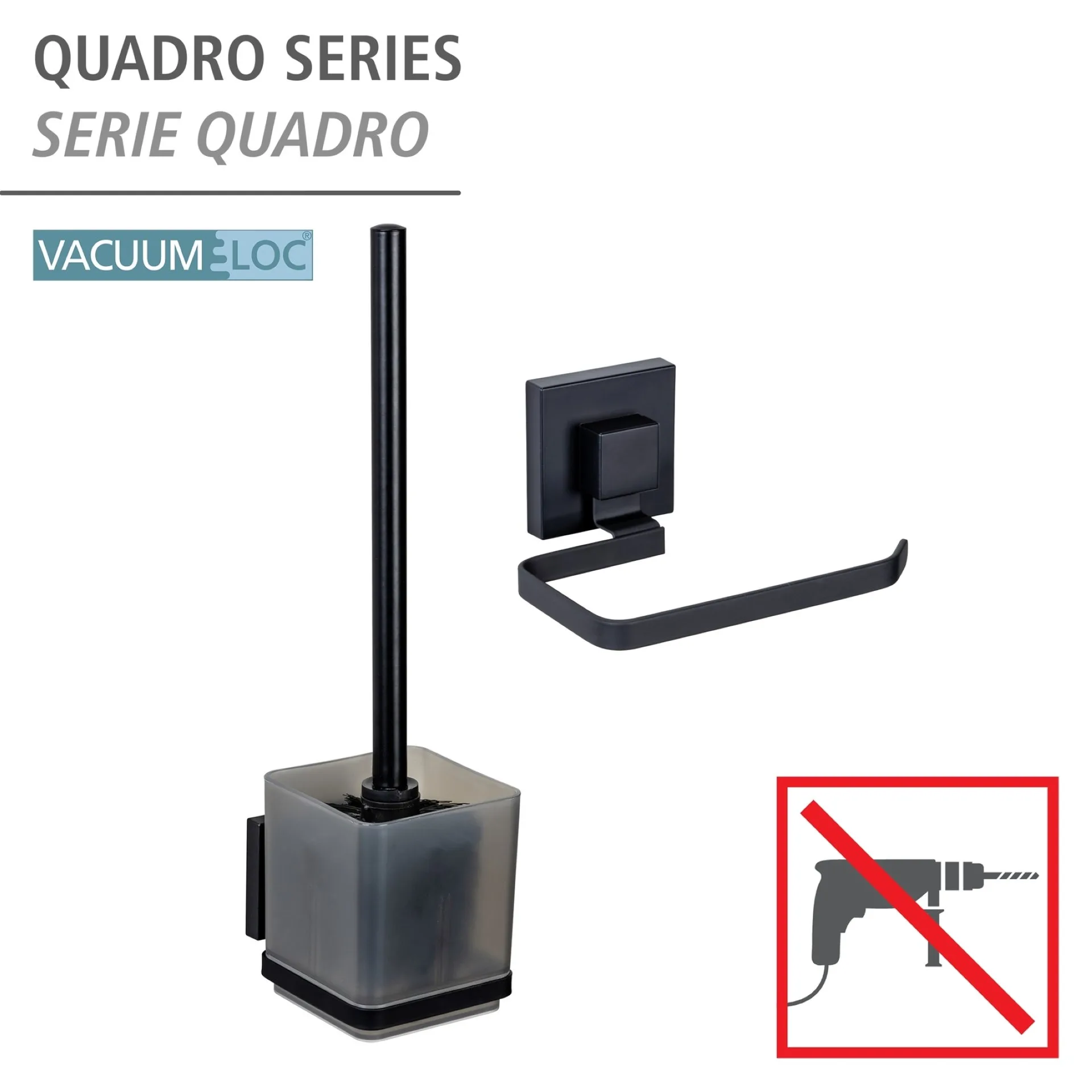 WENKO QUADRO Accessoire Set, Schwarz, Toilettenpapierhalter, WC-Garnitur, Befestigen ohne Bohren