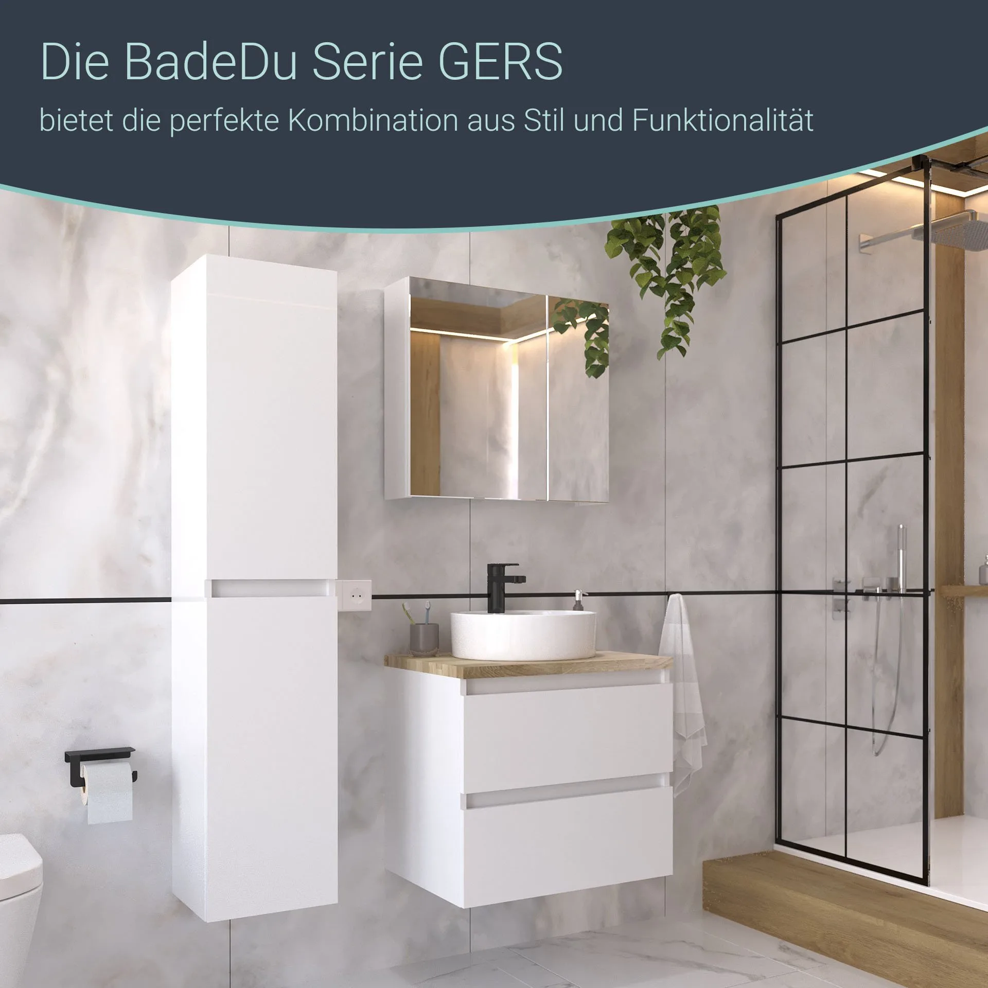 BADEDU GERS Waschbecken mit Unterschrank 60 cm breit, Weiß, Aufsatzwaschbecken Keramik Weiß, Waschtischplatte Braun hell