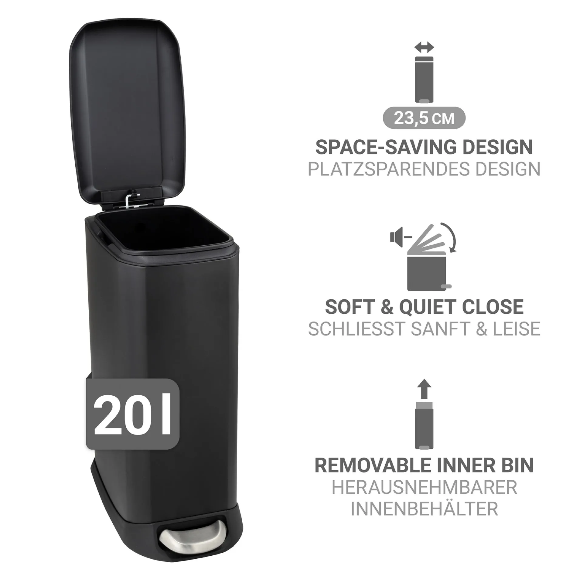 WENKO DESIGN Mülleimer 20 Liter, Schwarz, mit Absenkautomatik