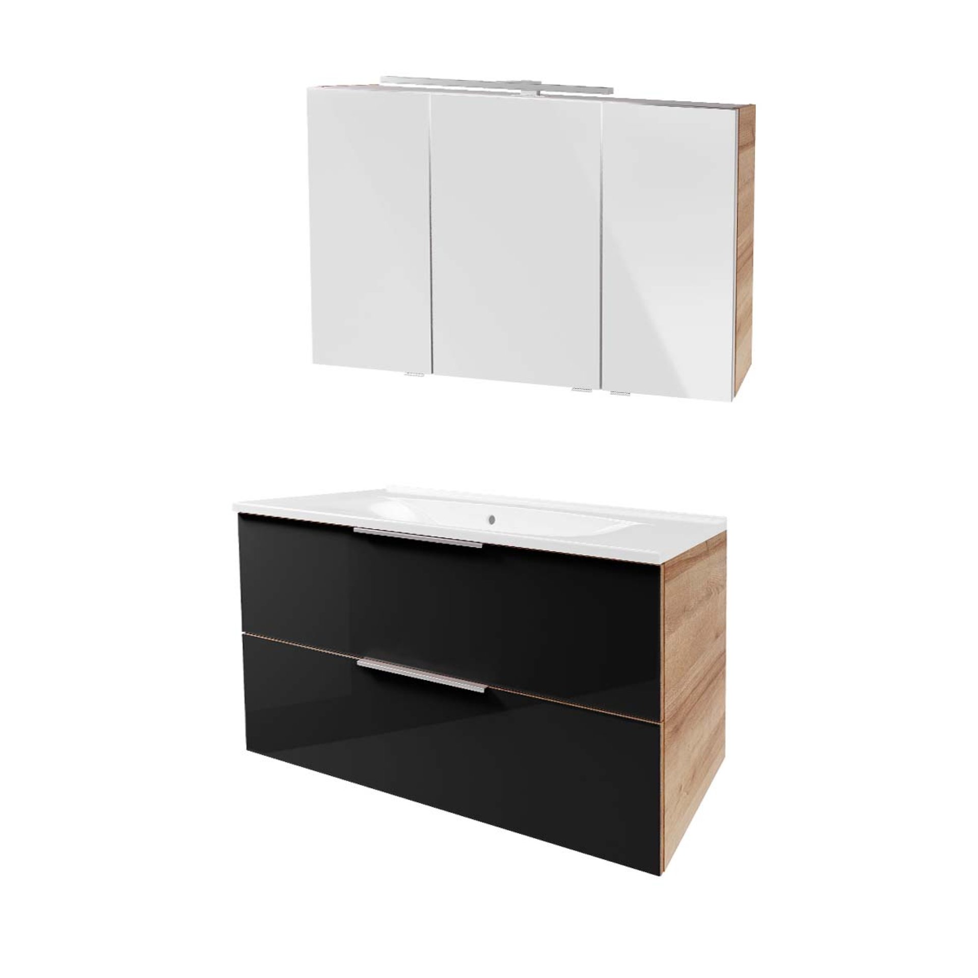 Fackelmann B. BRILLANT Badmöbel Set 3-teilig 100 cm, Anthrazit Glas/Braun hell, Gussmarmor+LED-Spiegelschrank