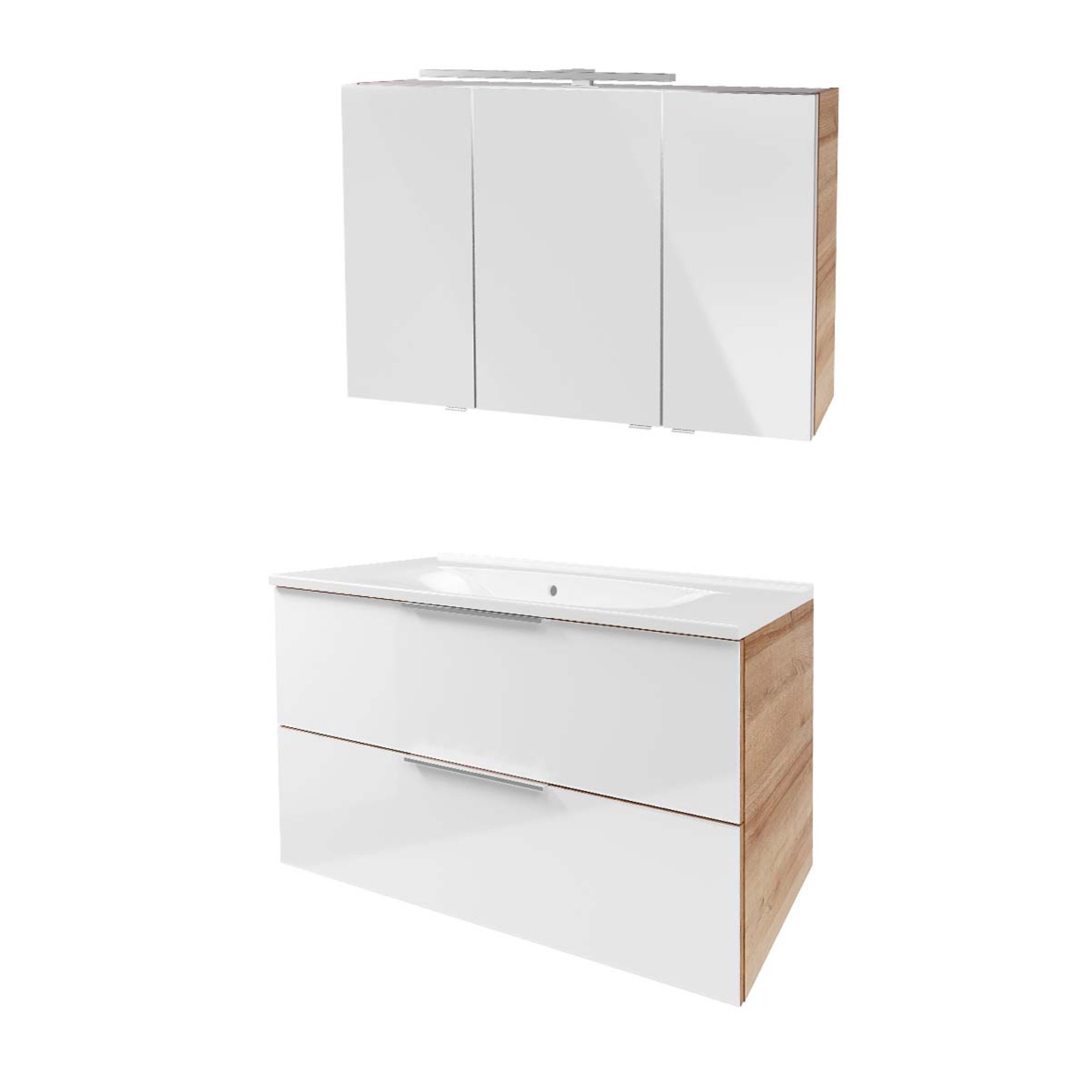 Fackelmann B. BRILLANT Badmöbel Set 3-teilig 100 cm, Weiß Glas/Braun hell, LED-Spiegelschrank