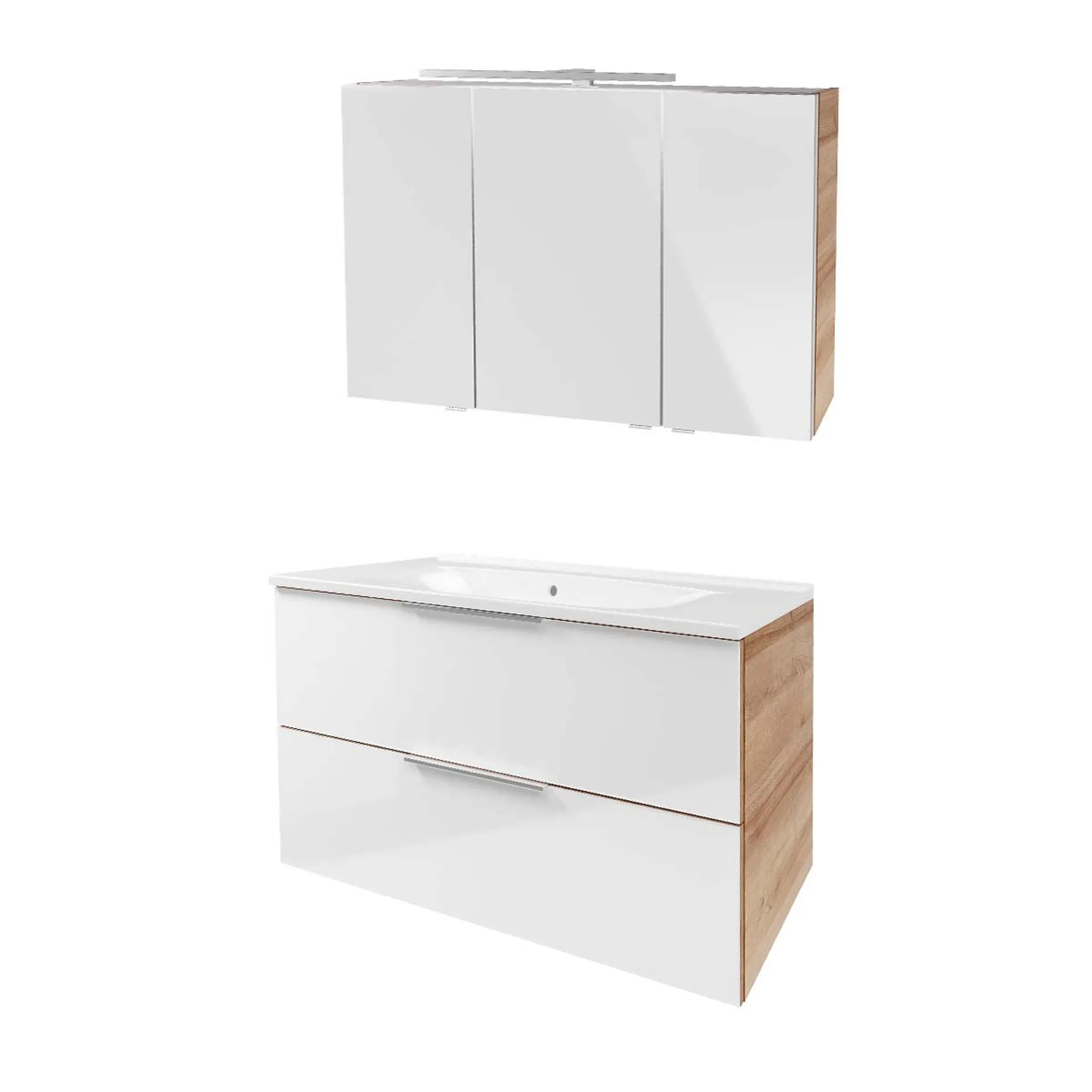 FACKELMANN B.BRILLANT Waschtisch Set mit Spiegelschrank 100 cm breit, Weiß Glas/Braun hell, Waschbecken Gussmarmor Weiß