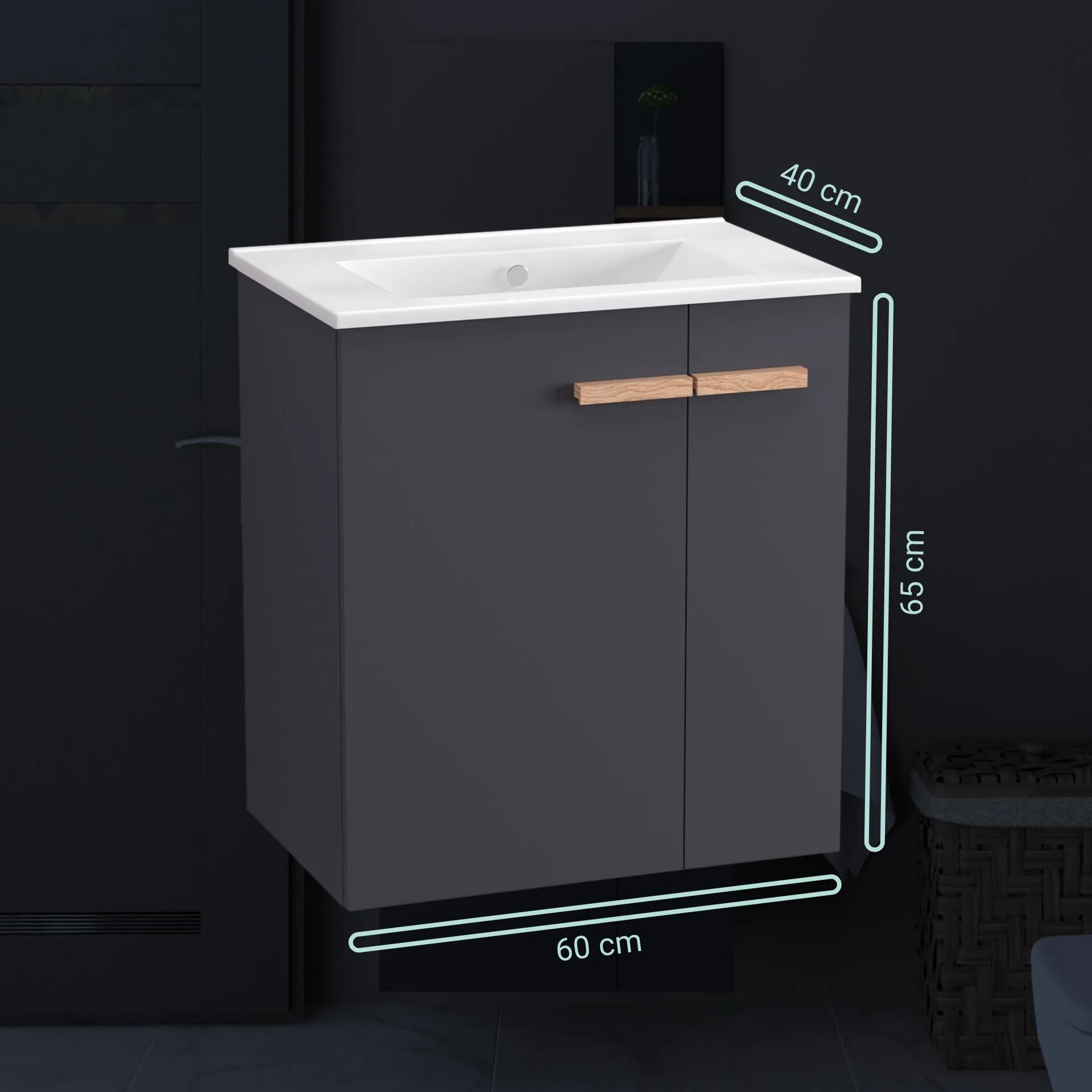 BADEDU HIERA Waschbecken mit Unterschrank 60 cm breit, Anthrazit, Waschbecken Keramik Weiß