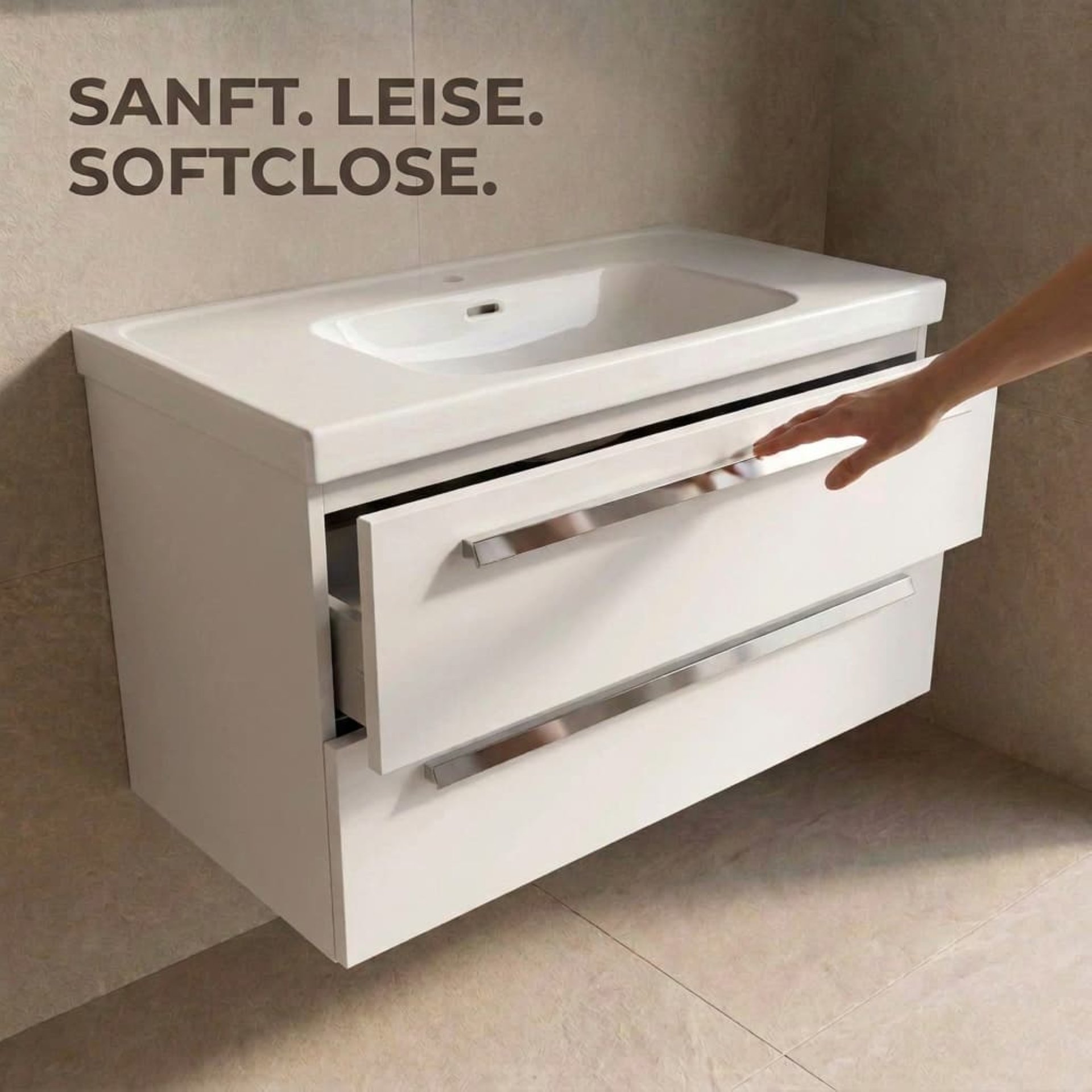 BADEDU TESSANO Waschbecken mit Unterschrank 90 cm breit, Weiß, Waschbecken Keramik Weiß