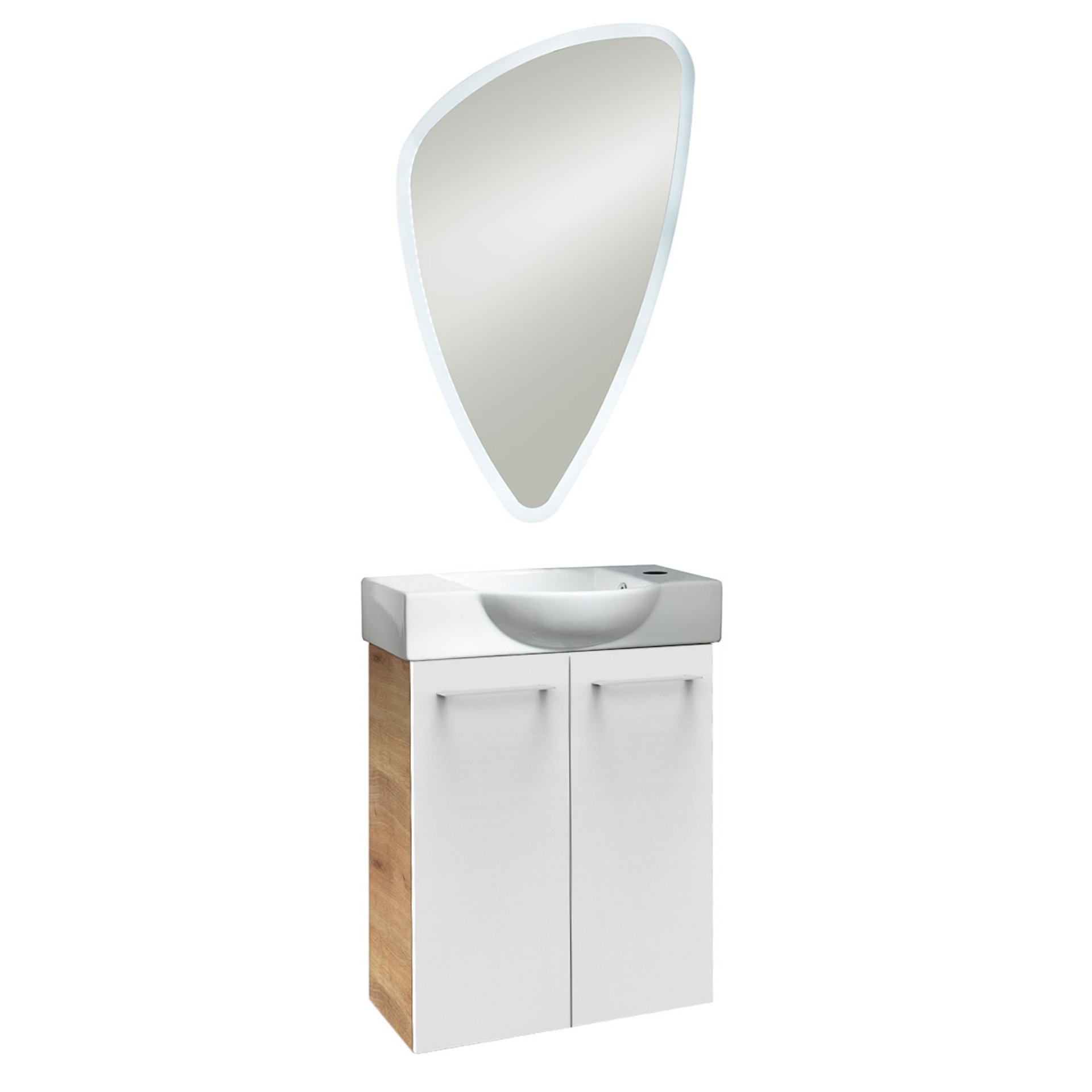 Fackelmann SBC MILANO Gäste WC Set 3-teilig 55 cm, Braun hell/Weiß, 2 Türen, Keramik rechts, Spiegel