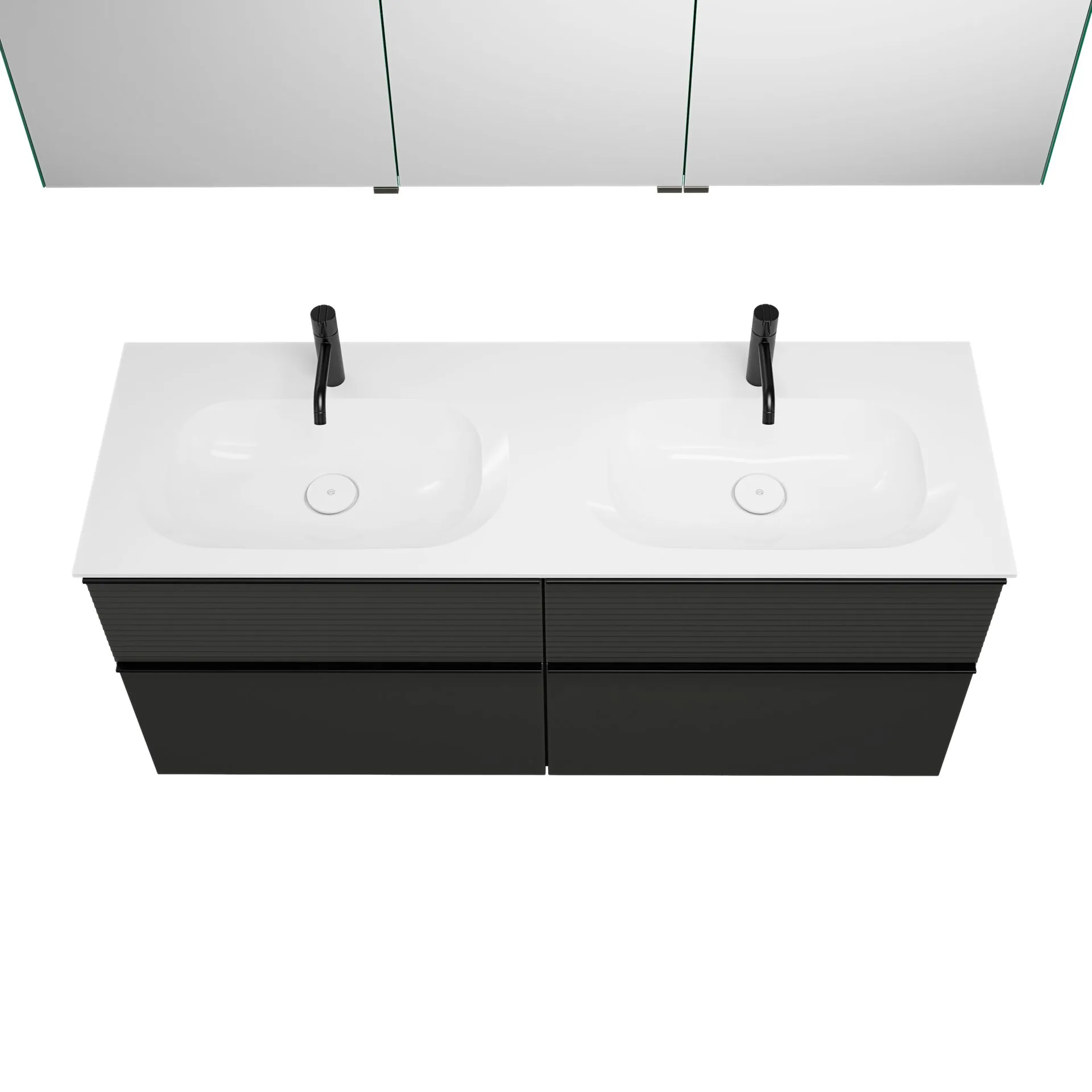 Burgbad FIUMO Waschtisch Set mit Spiegelschrank 142 cm breit, Anthrazit, Doppelwaschbecken Gussmarmor Weiß, 4 Schubladen, Anschlag links