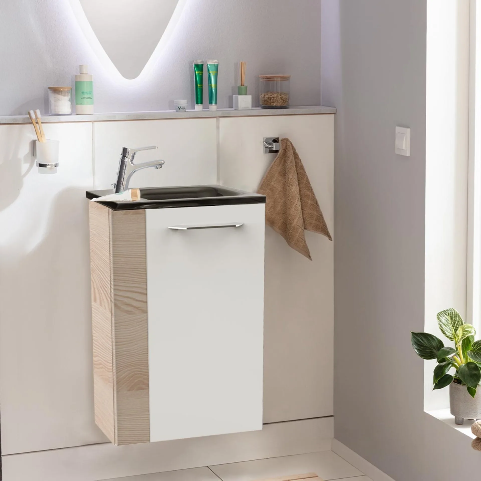 FACKELMANN SBC B.CLEVER Gäste WC Waschtisch Set 45 cm breit, Weiß/Braun hell, Waschbecken Glas Anthrazit, Türanschlag rechts