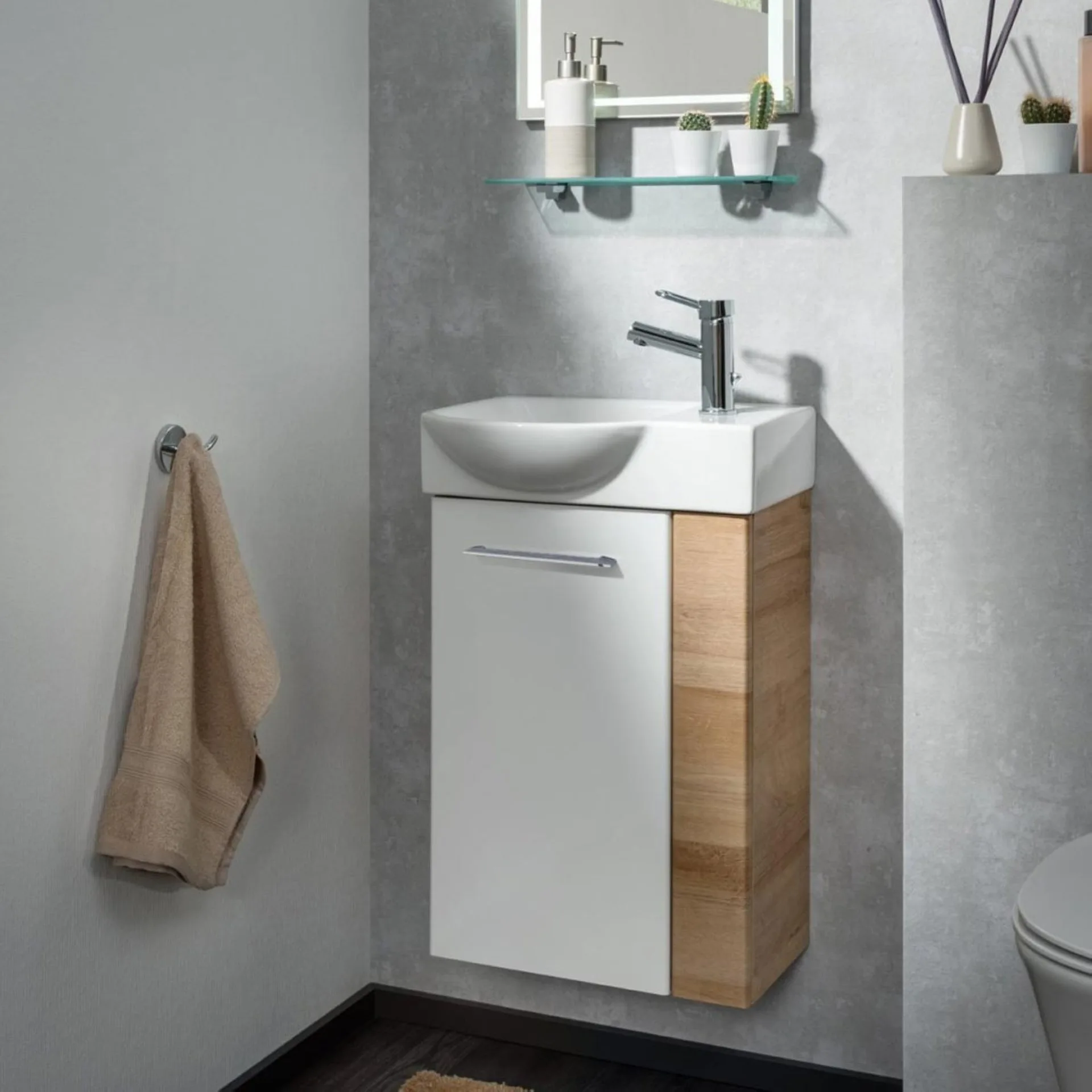 FACKELMANN SBC MILANO Waschbeckenunterschrank Gäste WC 45 cm breit, Weiß/Braun hell, Türanschlag links
