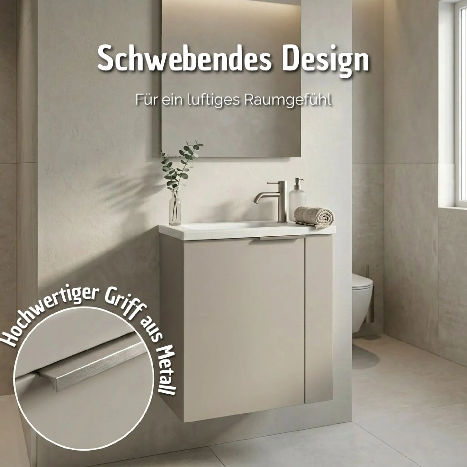 BADEDU UMEA Gäste WC Waschtisch Set 50 cm breit, Grau, Waschbecken Gussmarmor Weiß