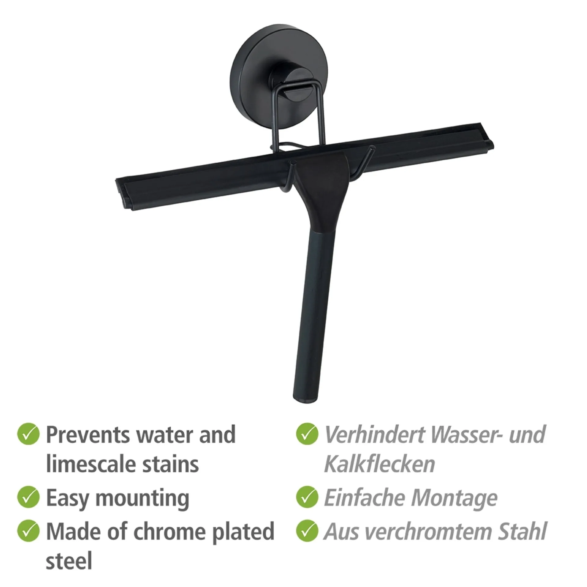 WENKO VACUUM LOC Duschabzieher, Schwarz, mit Halterung, Befestigen ohne Bohren