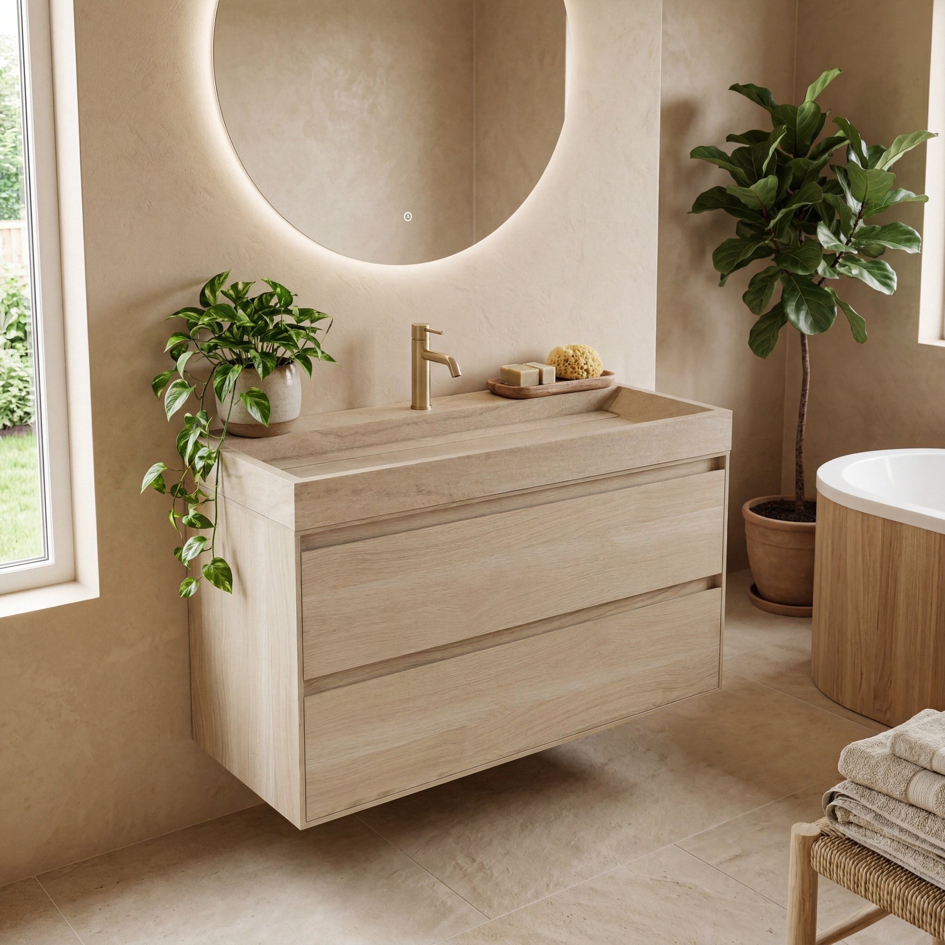 FORZALAQUA IBIZA BELLEZZA Waschbecken mit Unterschrank 120 cm breit, Braun hell, Natursteinwaschbecken Travertin matt mit Hahnloch, 2 Schubladen