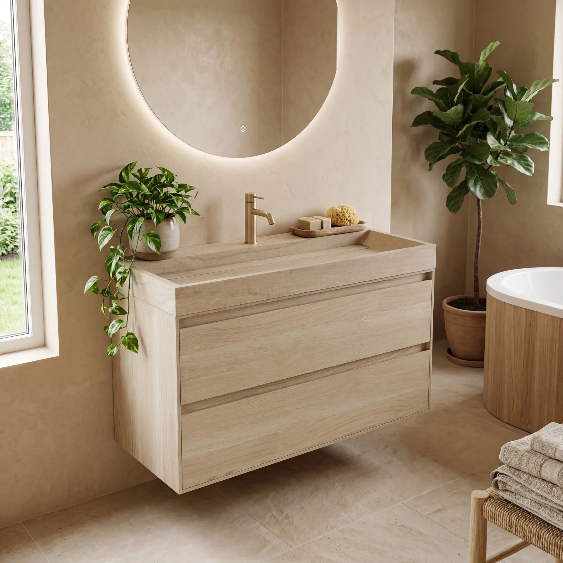 FORZALAQUA IBIZA BELLEZZA Waschbecken mit Unterschrank 120 cm breit, Braun hell, Natursteinwaschbecken Travertin matt mit Hahnloch, 2 Schubladen