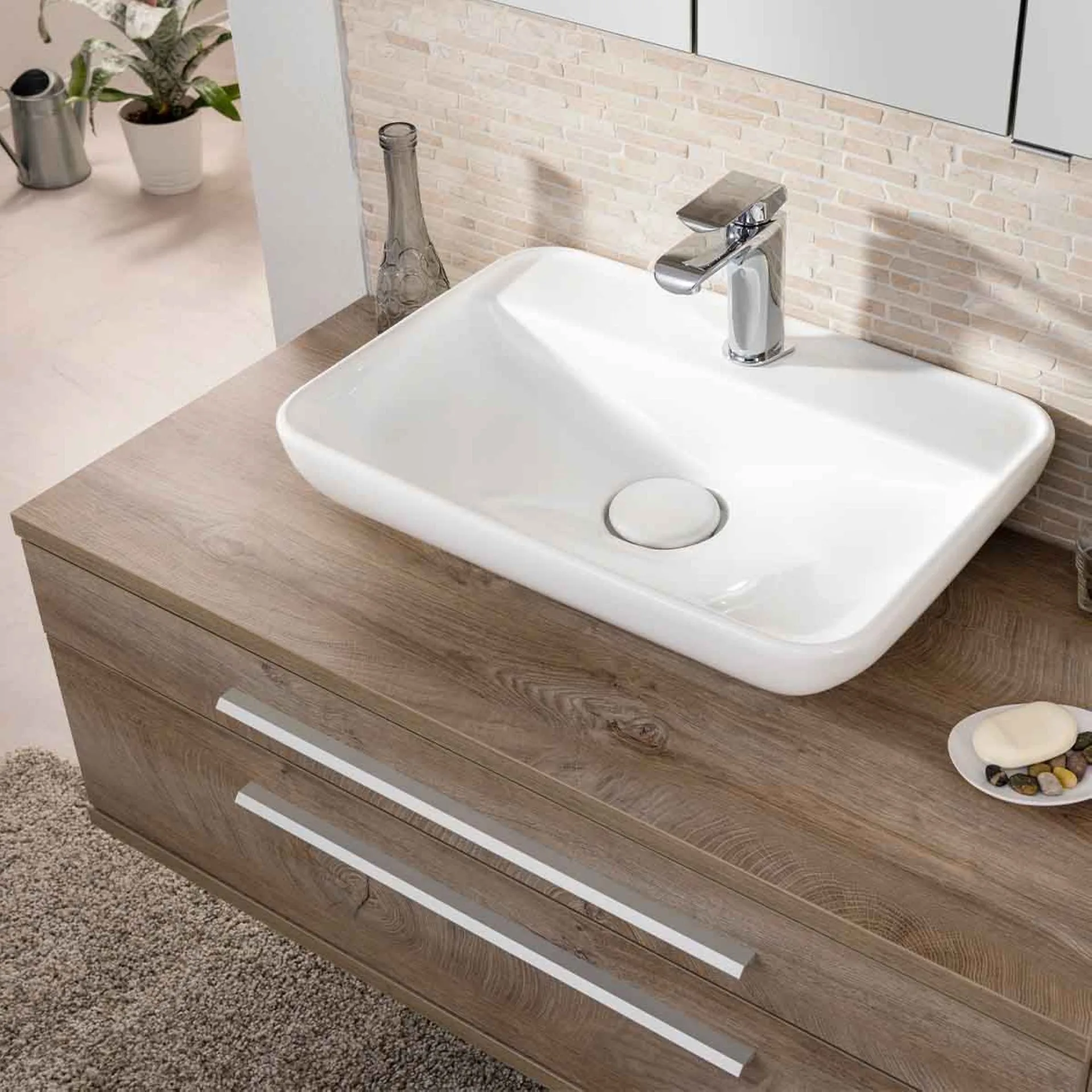 FACKELMANN STANFORD Waschbecken mit Unterschrank 110 cm breit, Braun hell, Aufsatzwaschbecken Keramik Weiß