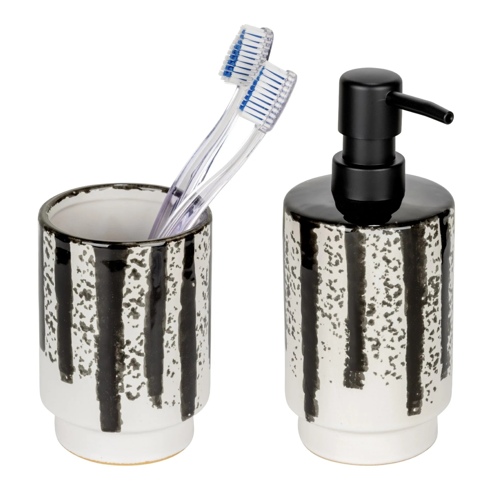WENKO SUBIZA Accessoire Set, Weiß/Schwarz, Zahnputzbecher, Seifenspender, Keramik