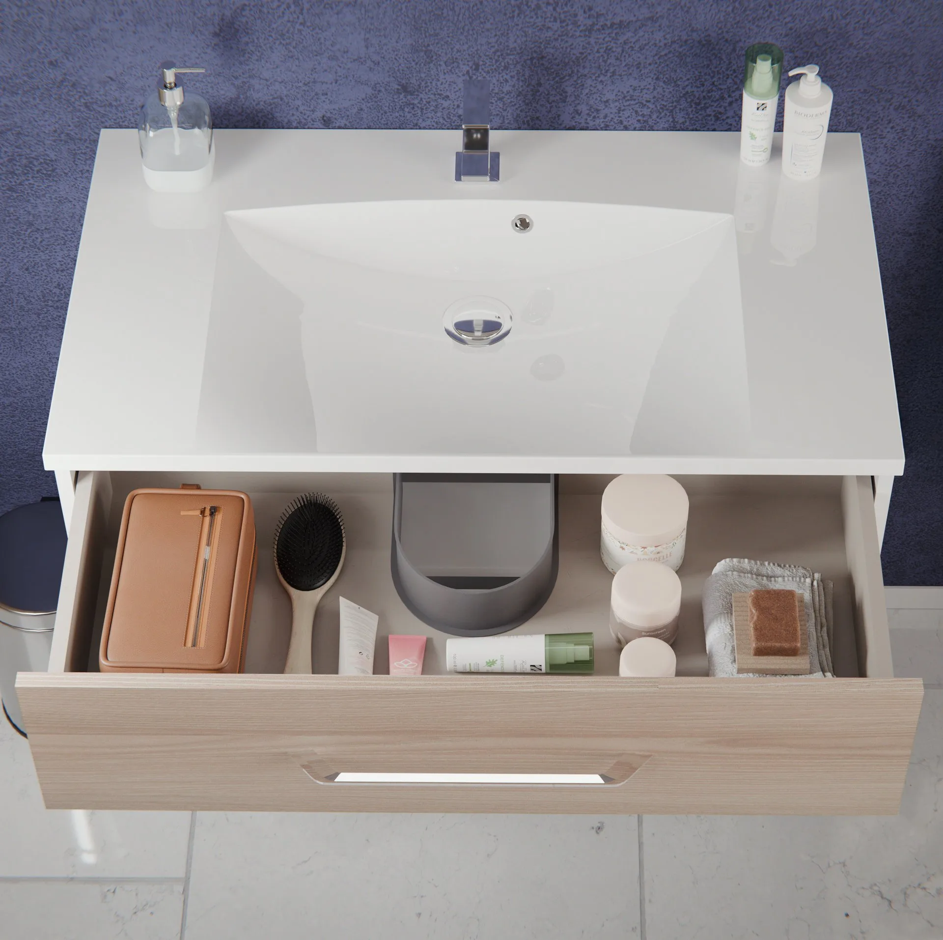 FACKELMANN B.CLEVER Waschtisch Set mit Spiegel 90 cm breit, Braun hell, Waschbecken Gussmarmor Weiß + LED Aufsatzleuchte