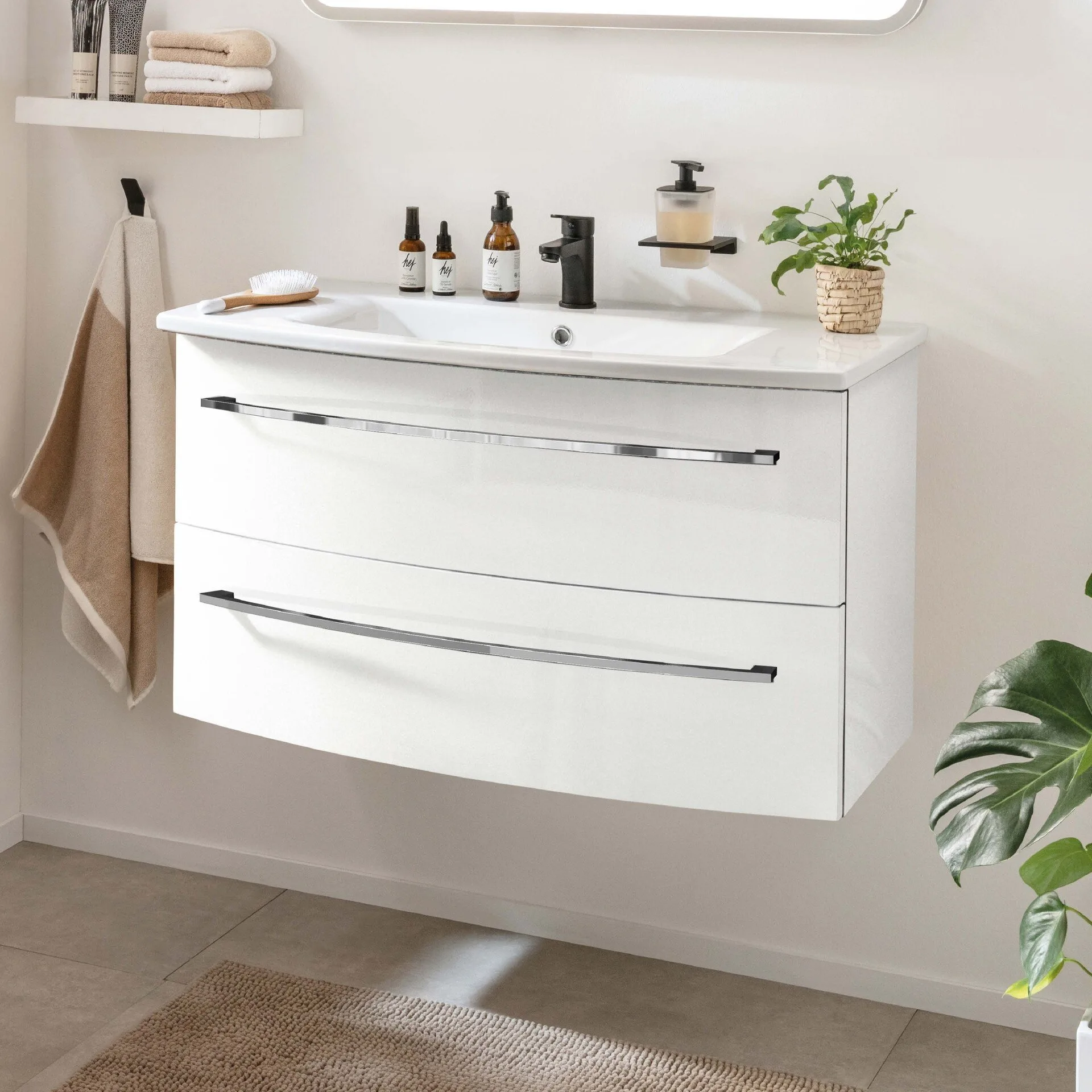 LANZET IMPULSO Waschbecken mit Unterschrank 90 cm breit, Weiß, Waschbecken Keramik Weiß