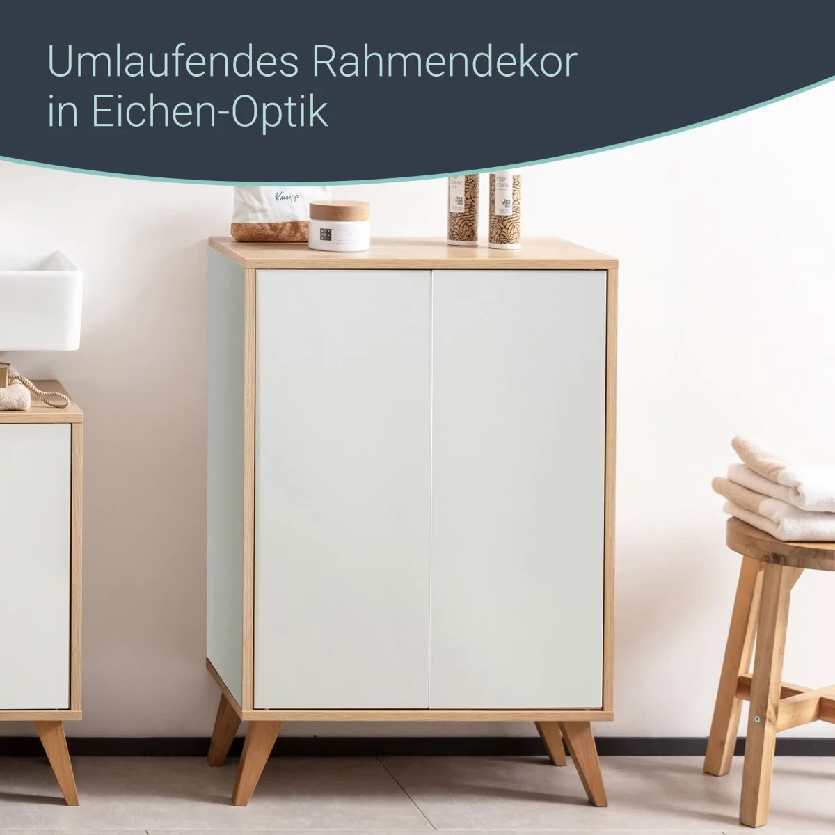 FACKELMANN FINN Doppel Midischrank 60 cm breit, Weiß/Braun hell + Holzfüße