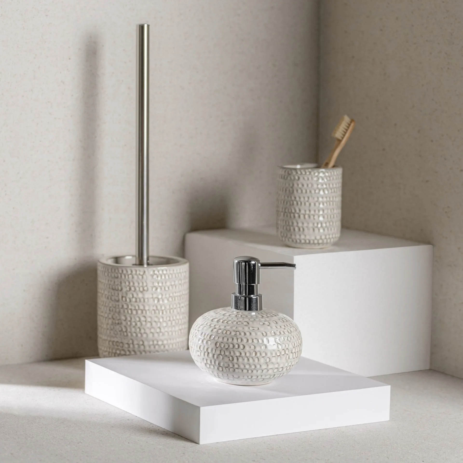 WENKO PERGOLE Accessoire Set, Beige, Zahnputzbecher, Seifenspender, Keramik