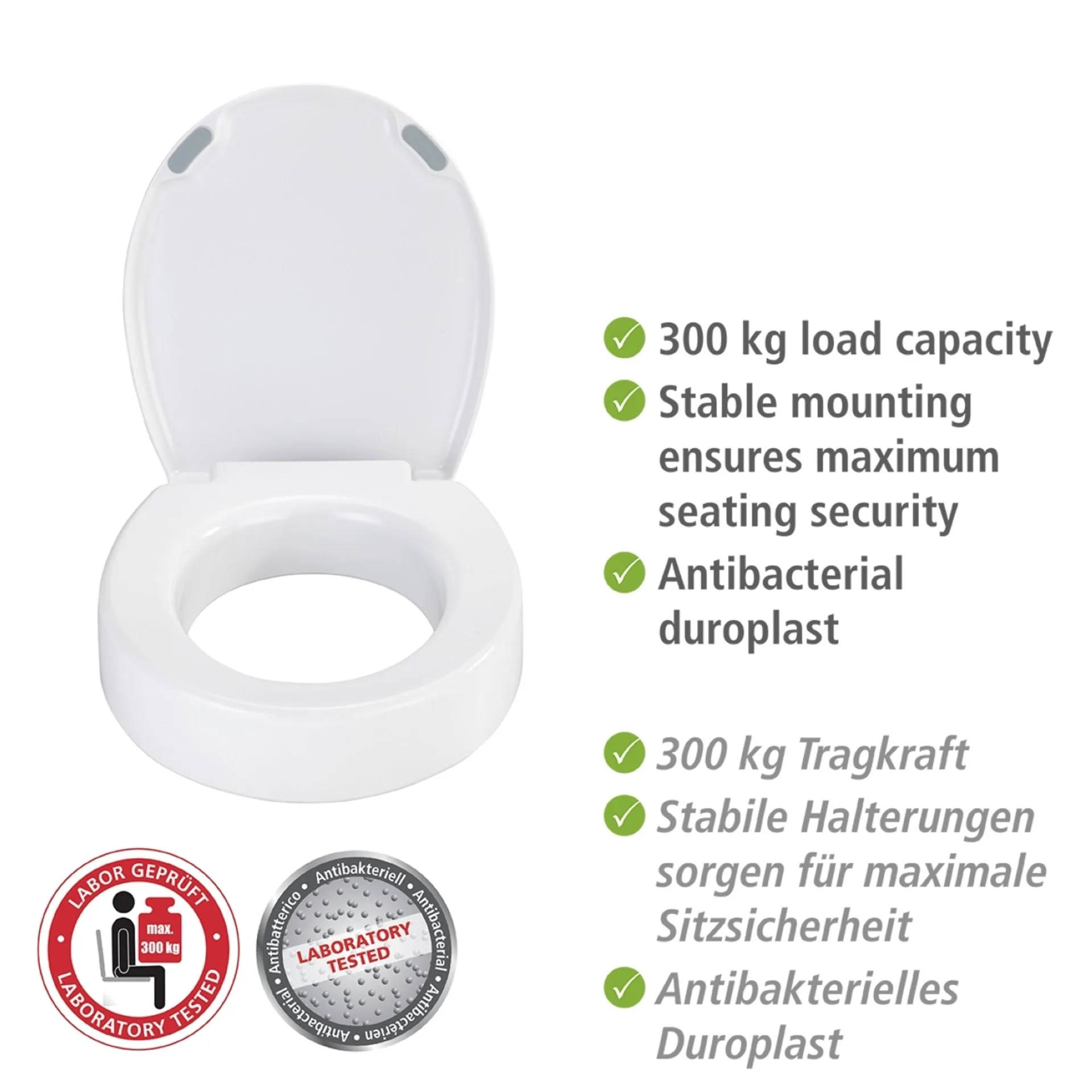 WENKO SECURA COMFORT WC-Sitz, Weiß, 300 kg Tragkraft, 8 cm Sitzflächenerhöhung