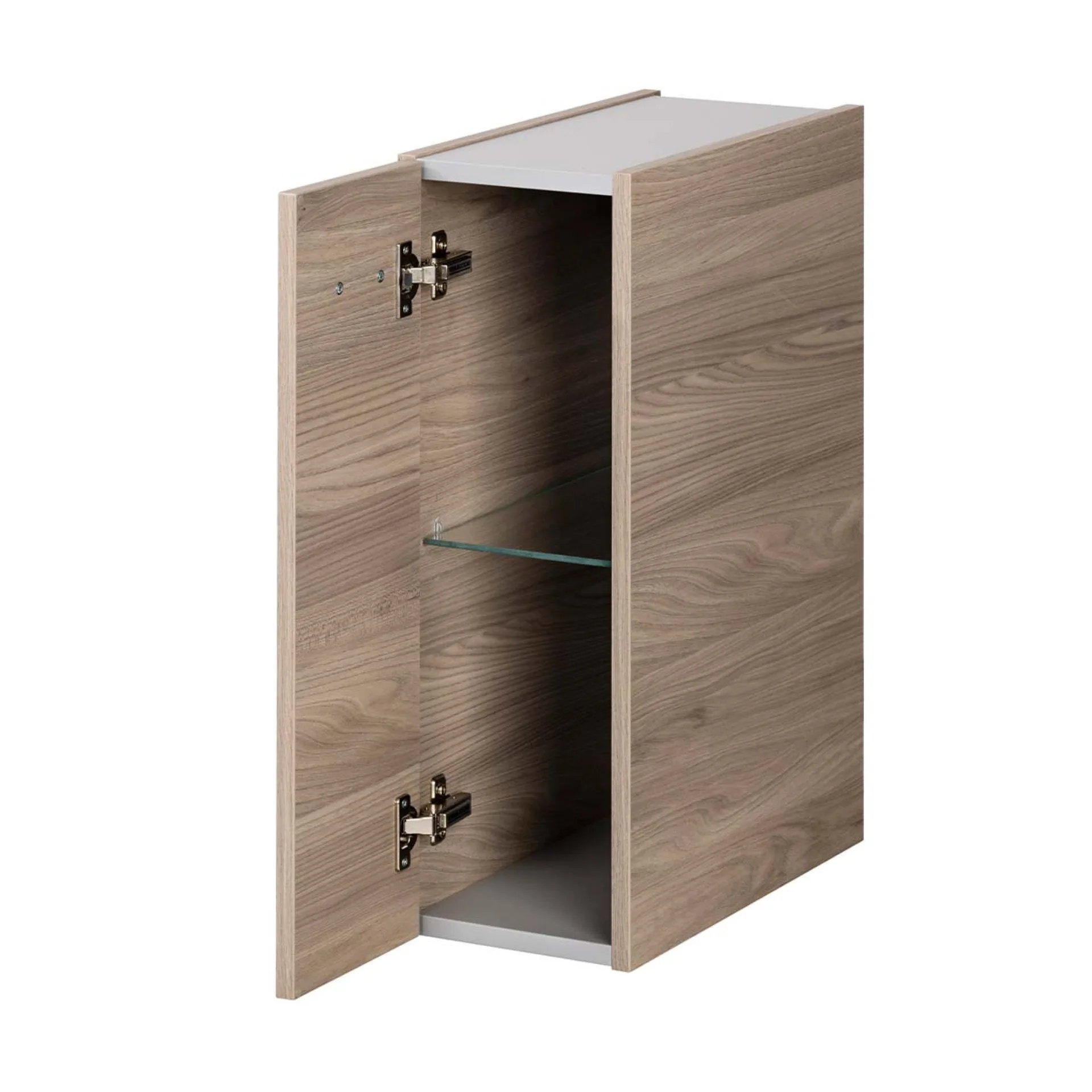 FACKELMANN LUXOR Badmöbel Set 5-teilig 100 cm breit, Braun hell, Waschbecken Gussmarmor Weiß + LED Spiegelschrank + Unterschrank + Hängeschrank Türanschlag links