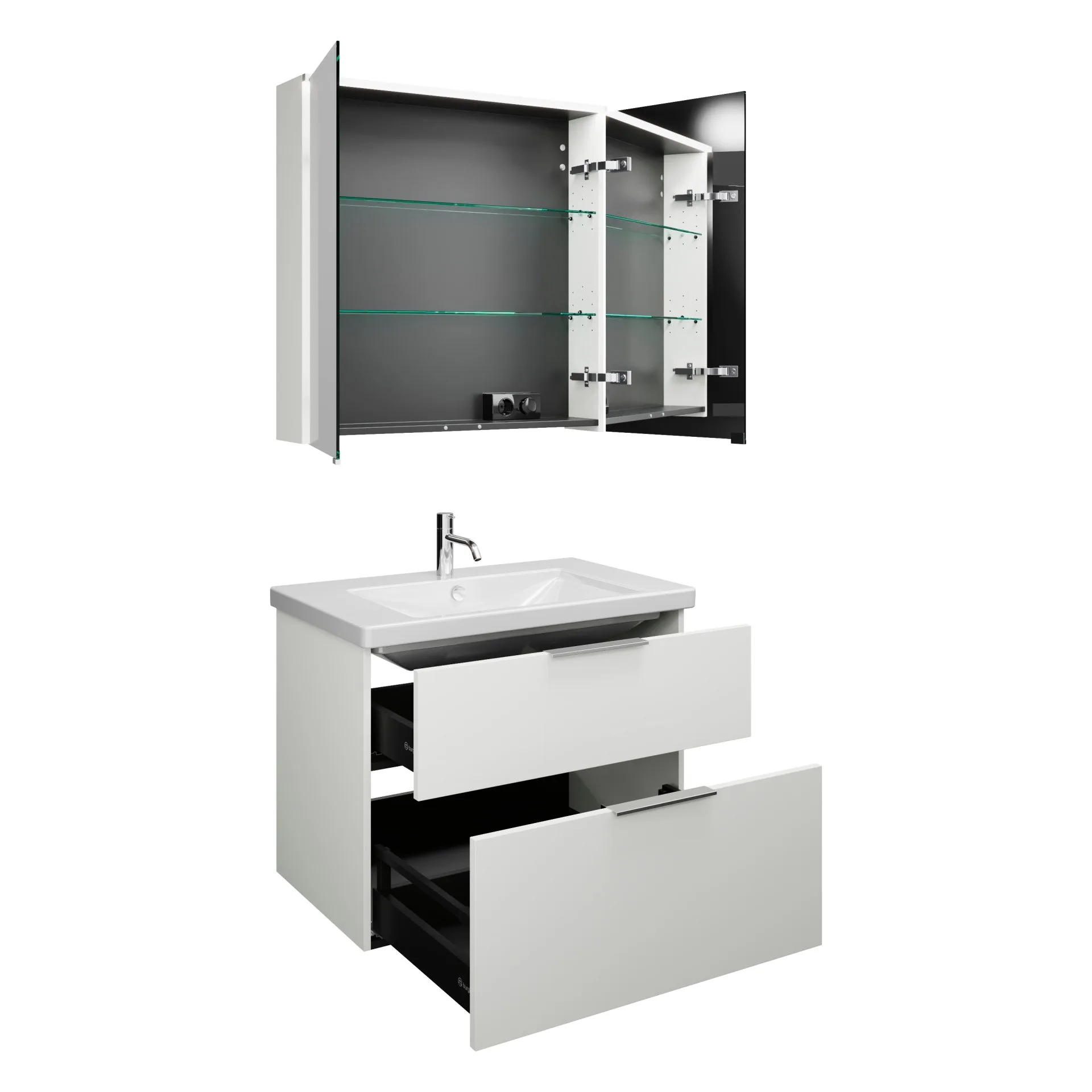 Burgbad EQIO Waschtisch Set mit Spiegelschrank 83 cm breit, Weiß Hochglanz, Waschbecken Keramik Weiß