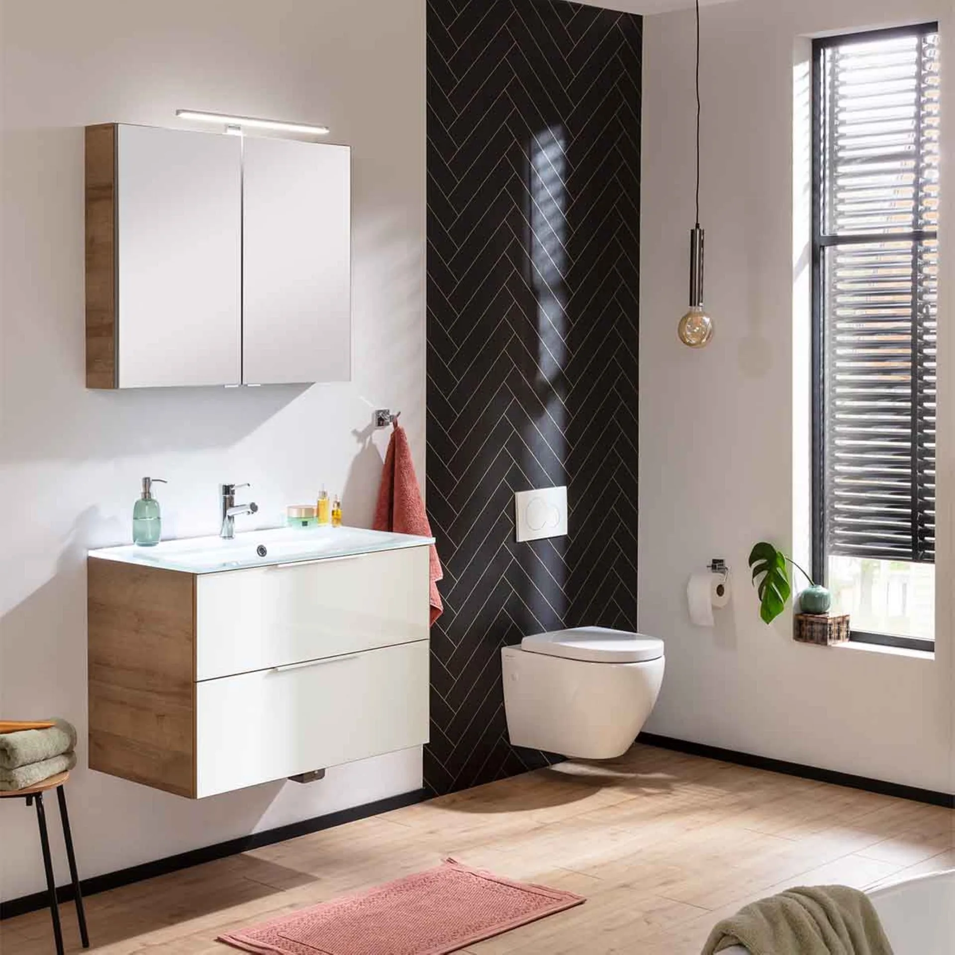 FACKELMANN B.BRILLLANT Waschtisch Set mit Spiegelschrank 80 cm breit, Weiß Glas/Braun hell, Waschbecken Glas Weiß