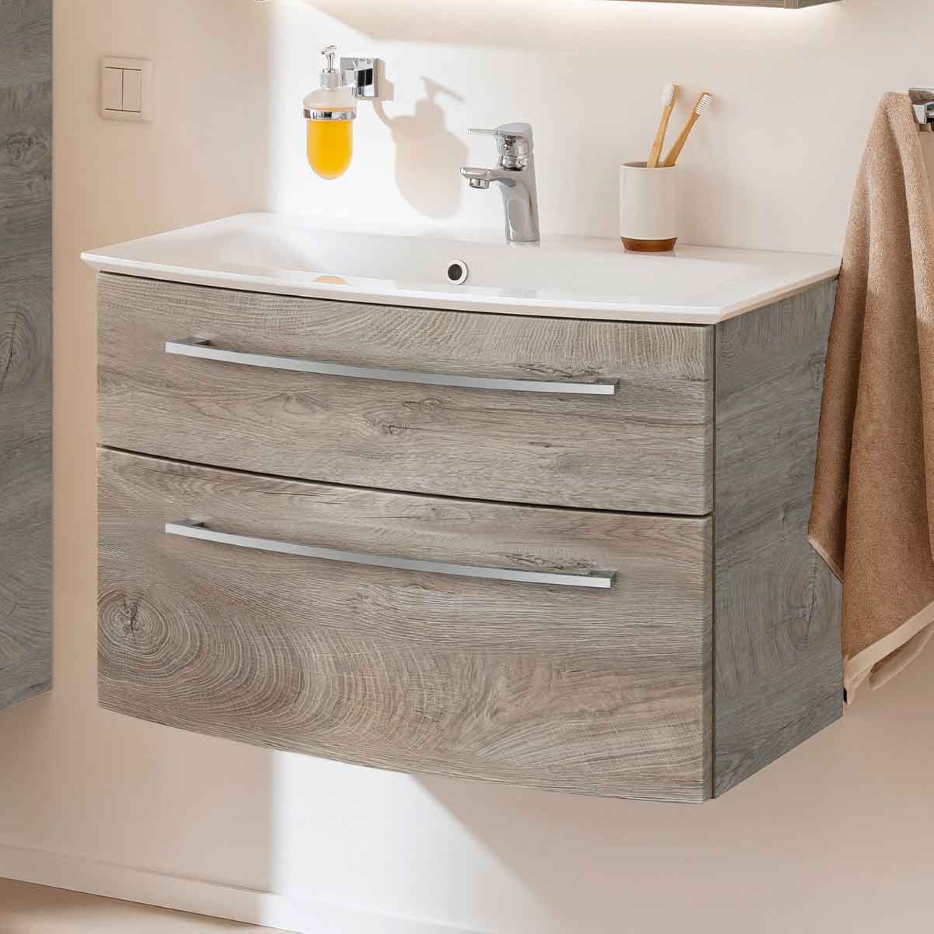 Fackelmann B.STYLE Waschbecken mit Unterschrank 83,2 cm breit, Braun, Waschbecken Gussmarmor Weiß