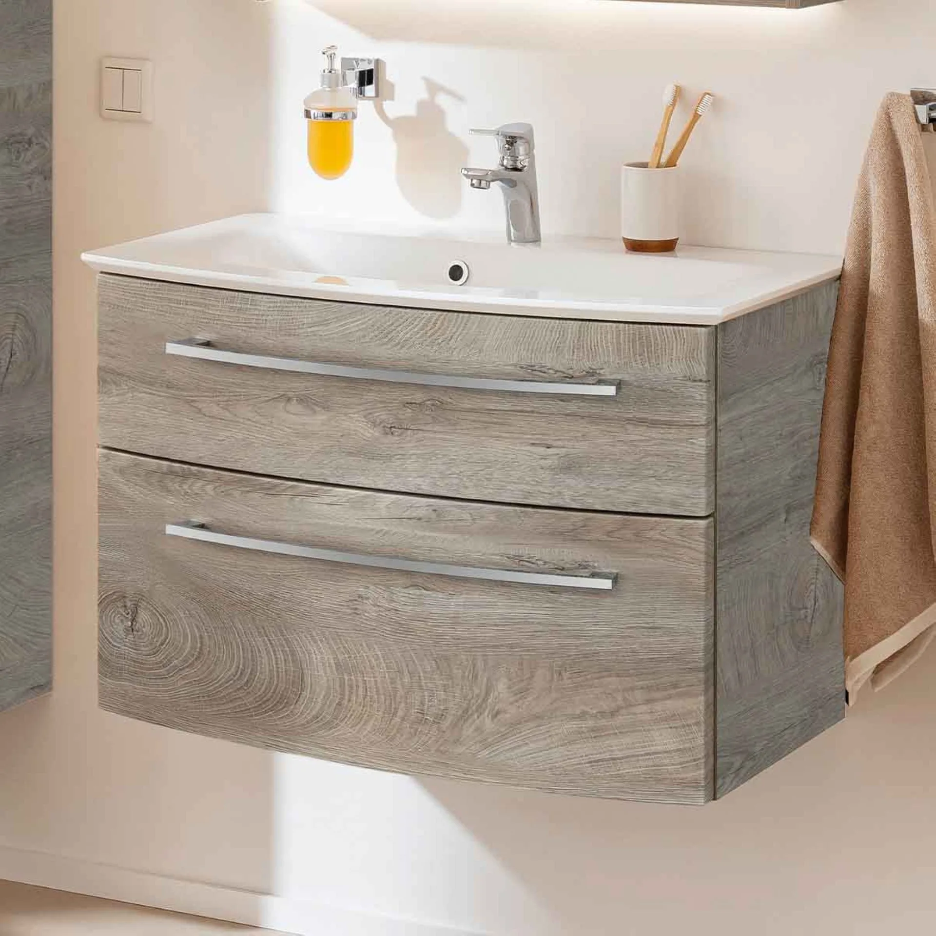 FACKELMANN B.STYLE Waschbecken mit Unterschrank 83 cm breit, Braun hell, Waschbecken Gussmarmor Weiß